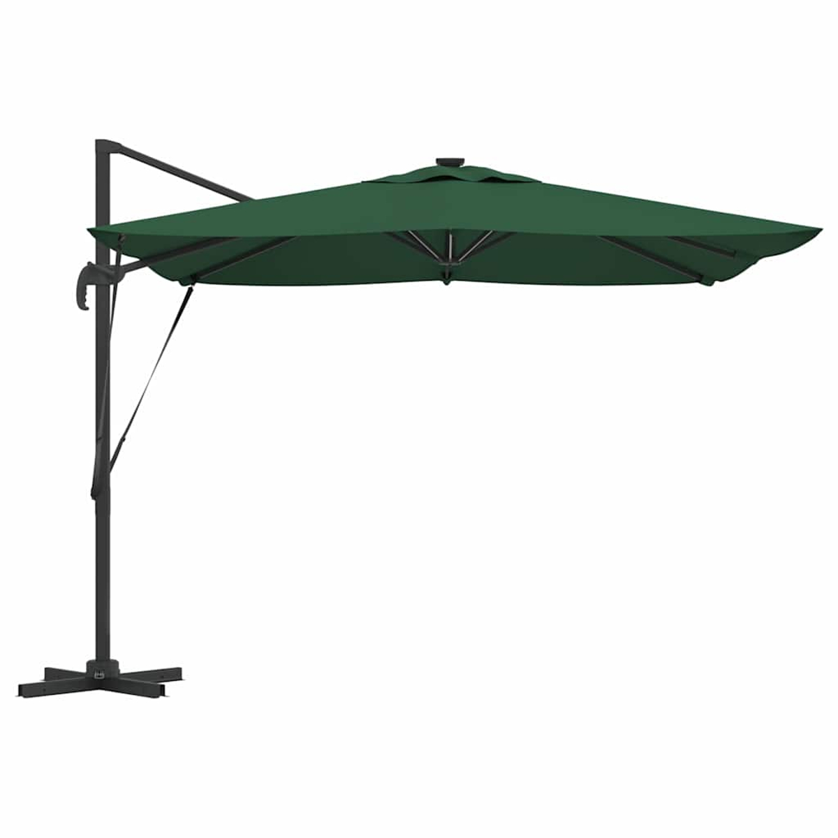Un ombrellone verde a sbalzo con telaio nero su sfondo bianco. L'ombrellone è aperto e la base è visibile.