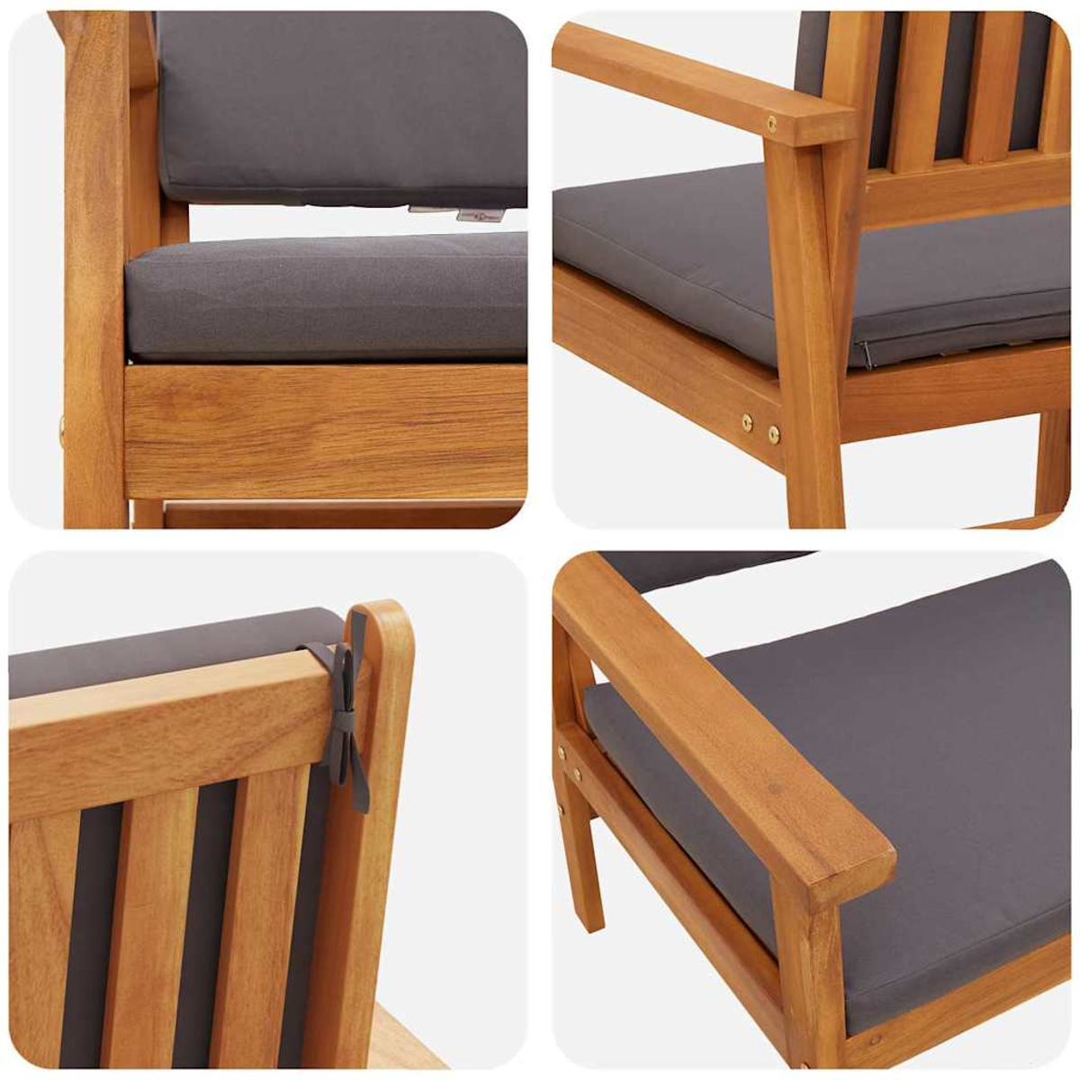 Vier Nahaufnahmen eines Holzstuhls mit grauen Kissen. Der Stuhl hat Armlehnen und die Kissen sind befestigt.