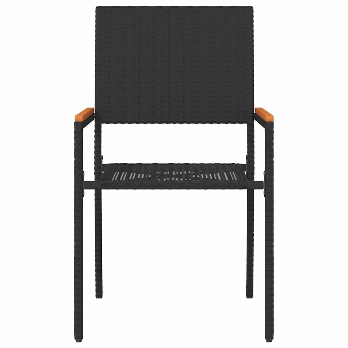 Una sedia nera in vimini con braccioli. La sedia ha uno schienale quadrato e una seduta in materiale tessuto. I braccioli sono in legno.