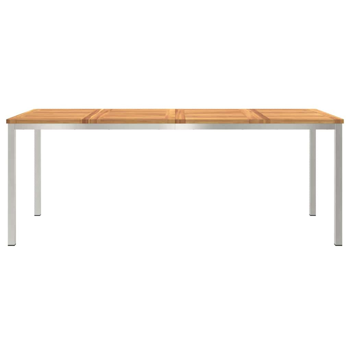 Ein rechteckiger Holztisch mit silbernen Metallbeinen. Die Tischplatte besteht aus Holzbohlen. Der Hintergrund ist weiß.