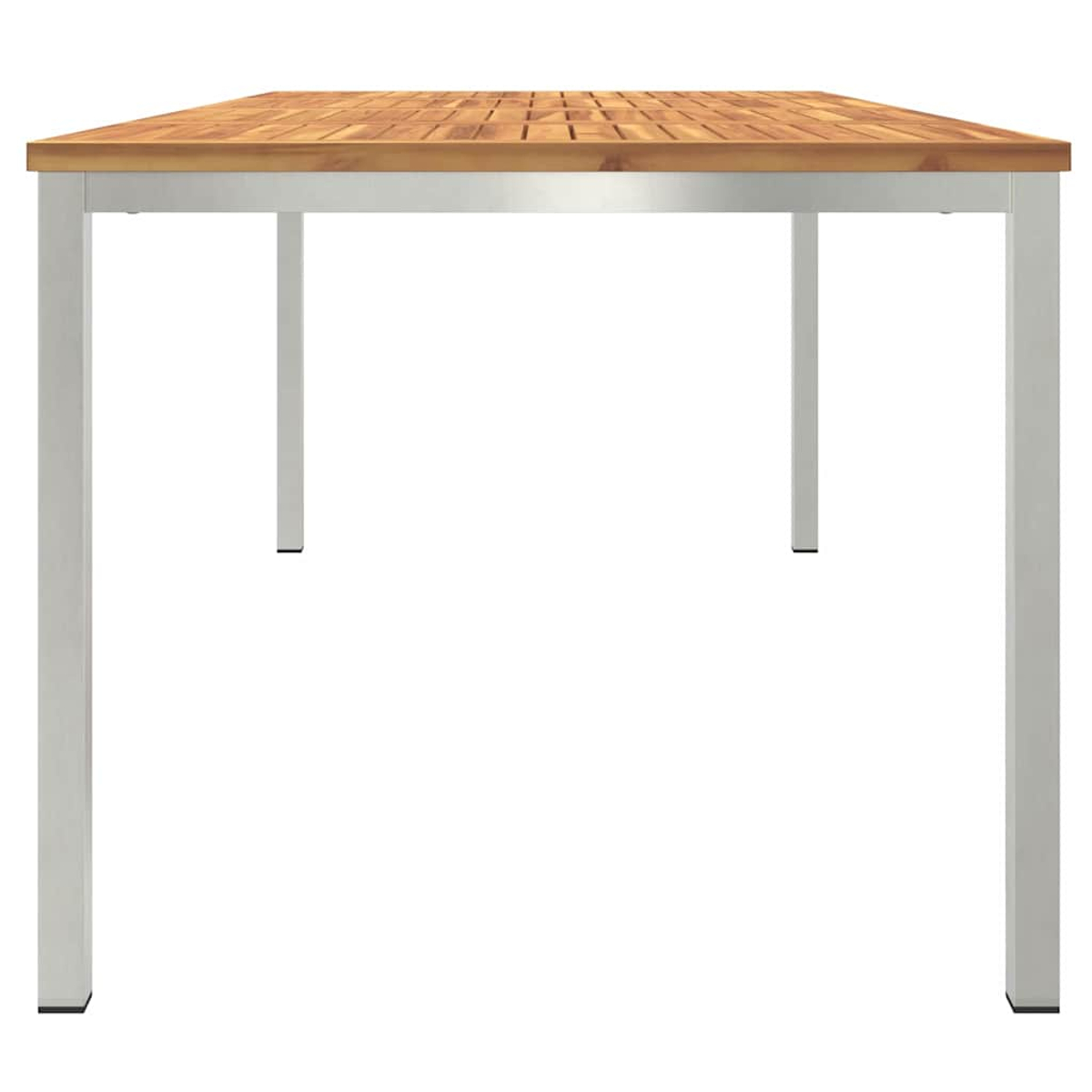 Ein Holztisch mit hellbrauner Oberfläche und silbernen Beinen. Der Tisch ist rechteckig und steht auf weißem Hintergrund.