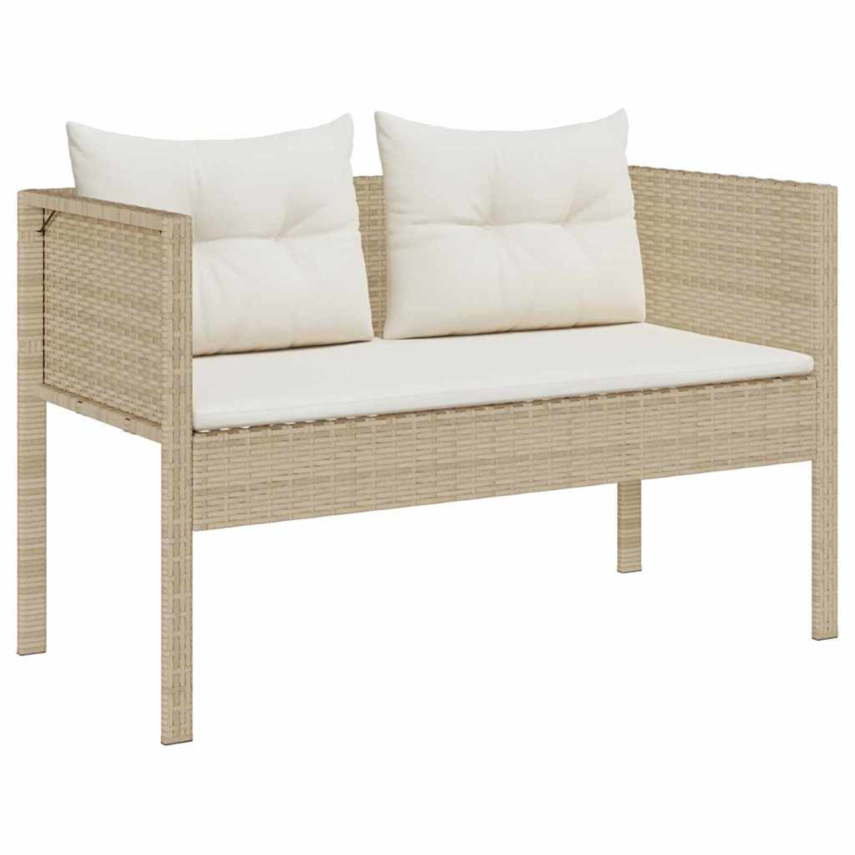 Beige Weidenholz-Zweisitzer mit zwei weißen Kissen auf Rücken und Sitz. Der Rahmen ist beige, die Kissen quadratisch.