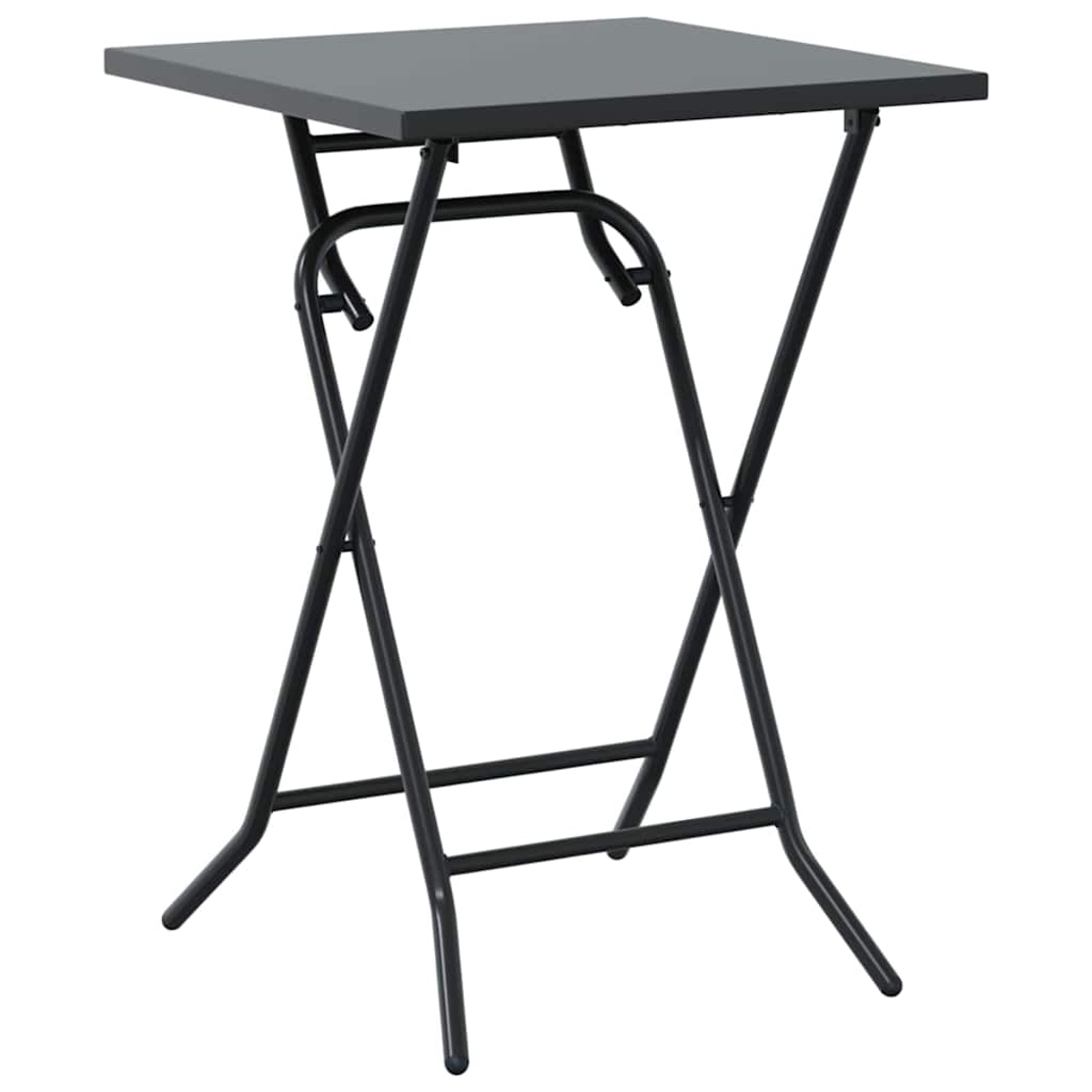 Ein kleiner, zusammenklappbarer Tisch mit quadratischer, grauer Tischplatte und schwarzen Metallbeinen, isoliert auf Weiß.