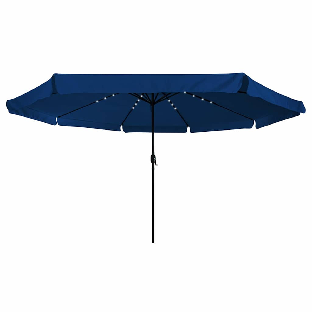 Un ombrellone blu navy con luci. L'ombrellone è aperto, mostrando la sua forma rettangolare e il palo nero su sfondo bianco.