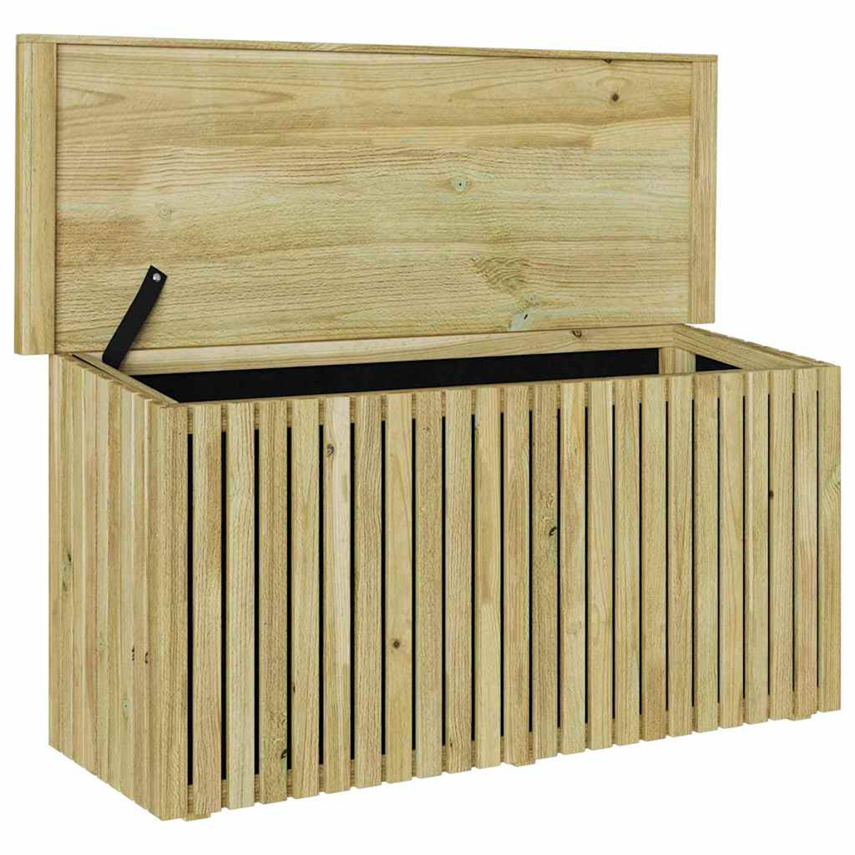 Eine offene Holzkiste mit Scharnierdeckel. Die Kiste hat vertikale Lamellen an den Seiten. Der Innenraum ist schwarz. Der Deckel ist offen.