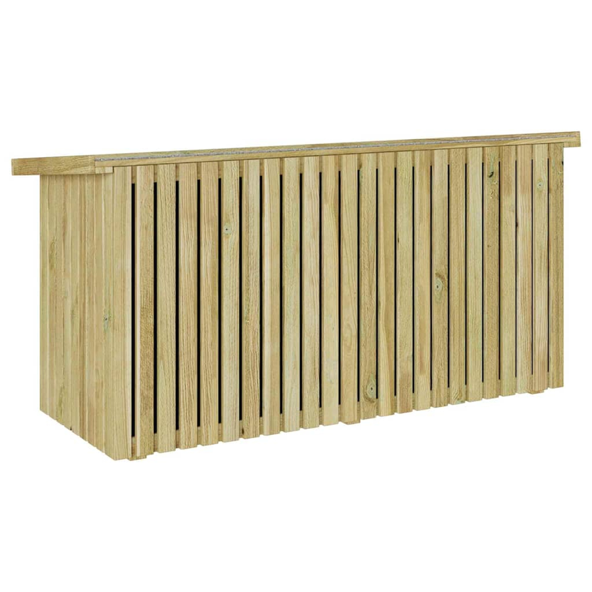 Eine rechteckige Holzkiste mit vertikalen Lamellen. Die Kiste hat eine abgeschrägte Oberseite und ist aus hellem Holz gefertigt.
