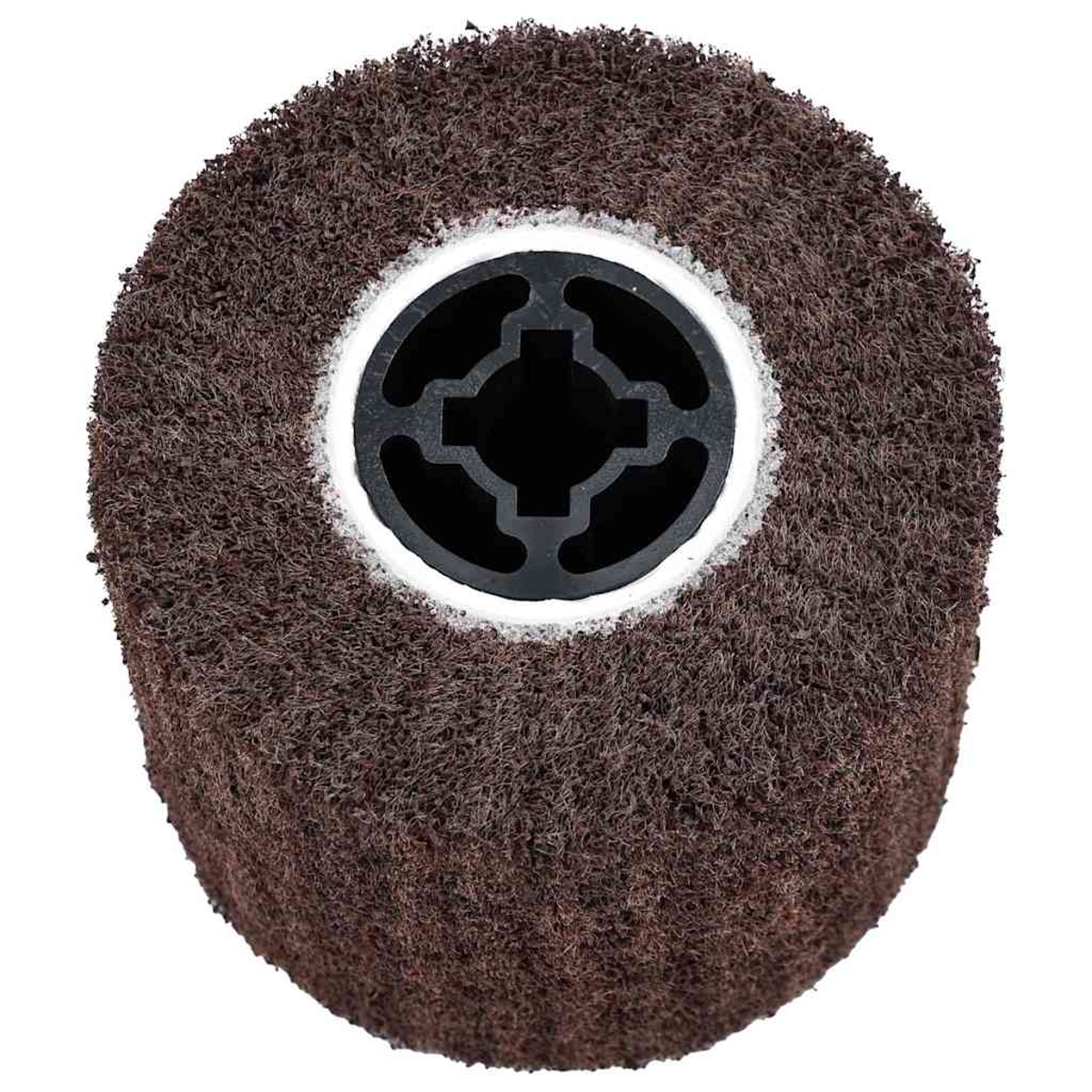 Eine braune Schleifscheibe mit schwarzer Mitte. Die Mitte hat einen weißen Ring und ein kreuzförmiges Loch.