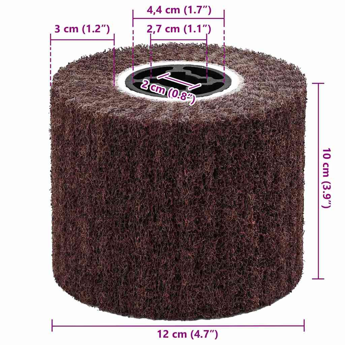 Ein zylindrisches braunes Objekt mit schwarzem Zentrum. Abmessungen sind angegeben: 12 cm (4,7") breit, 10 cm (3,9") hoch. Maße sind auch für die Oberseite angegeben.