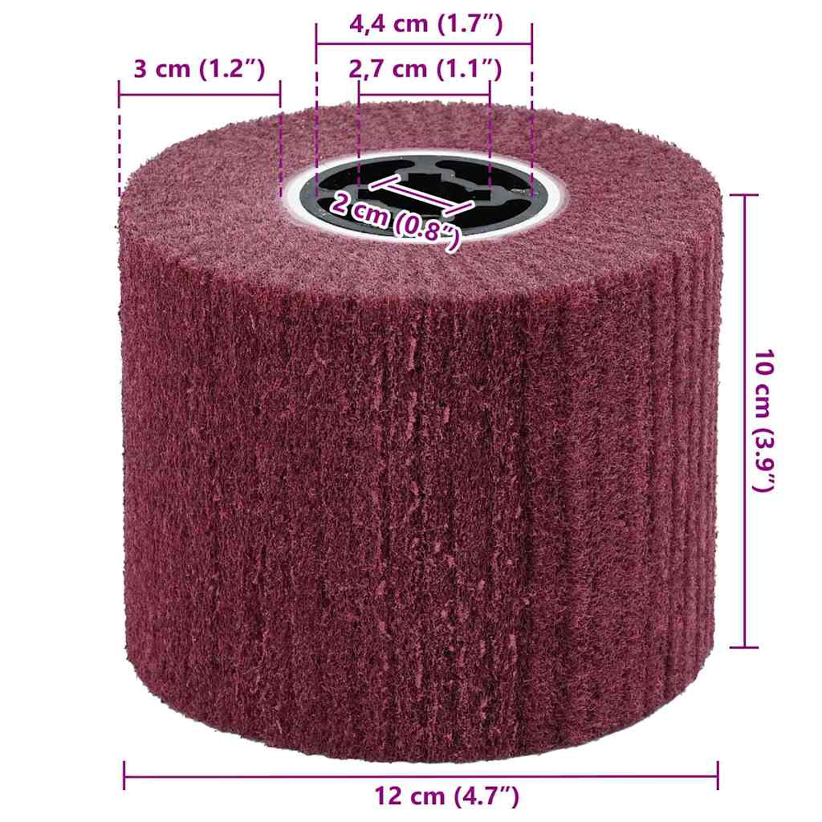 Eine bordeauxrote zylindrische Schleifbürste. Abmessungen sind beschriftet: 12 cm (4,7") breit, 10 cm (3,9") hoch. Messungen sind angegeben.