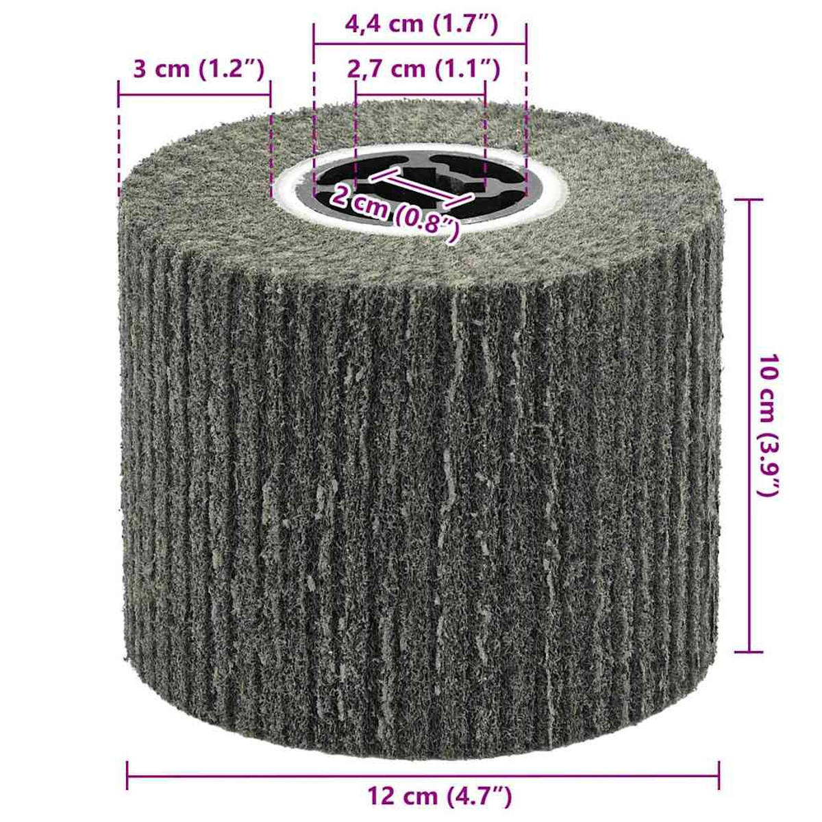 Ein zylindrisches Schleifwerkzeug, grau-grün, mit beschrifteten Abmessungen. Es hat ein zentrales Loch und eine grobe, faserige Textur.