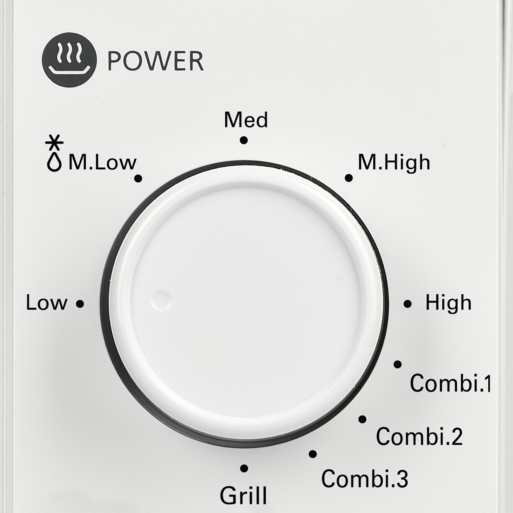 A white microwave control panel with a knob. Settings include power, M.Low, Low, Med, M.High, High, Combi.1, Combi.2, Combi.3 and Grill.