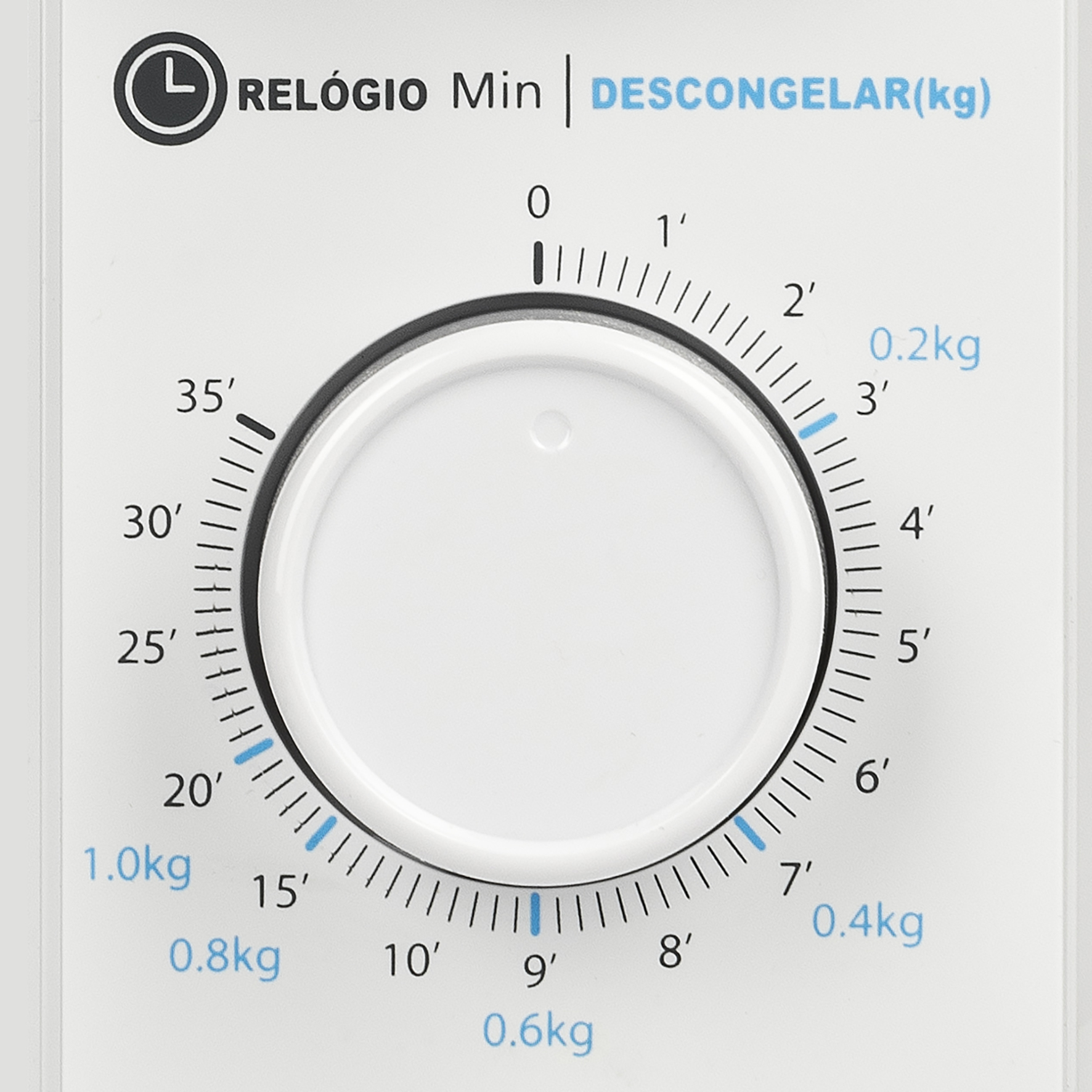 A white appliance control panel with a dial for a timer, labeled 'DESCONGELAR(kg)' and 'RELÓGIO Min'.