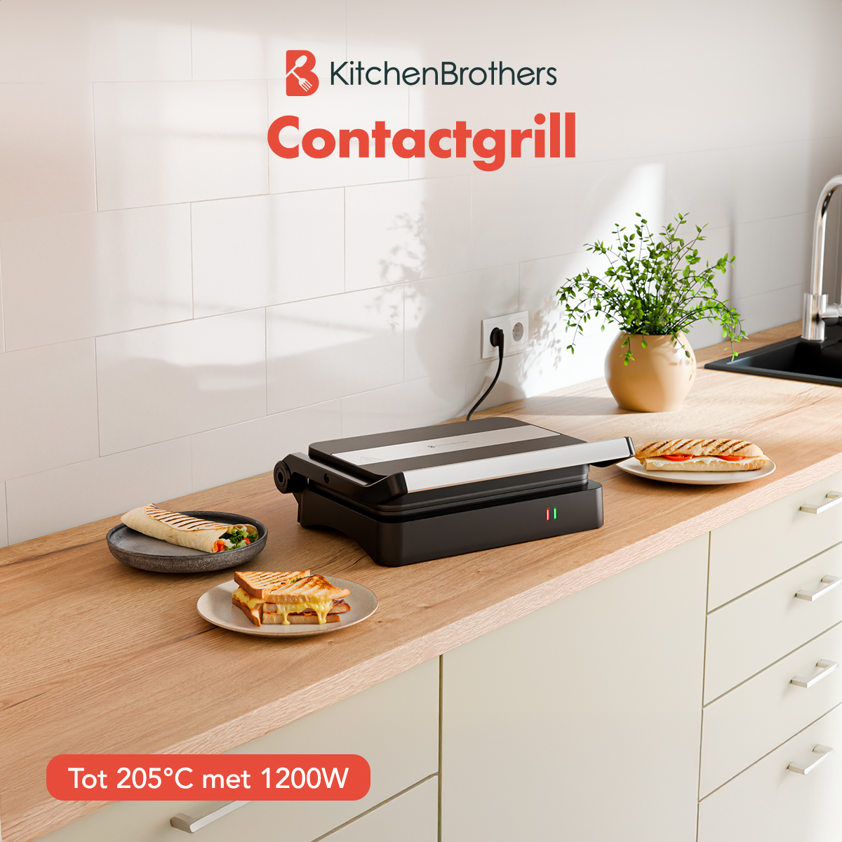 A contact grill with sandwiches and a wrap on a wooden countertop in a kitchen. The text says 'Contactgrill' and 'Tot 205°C met 1200W'.