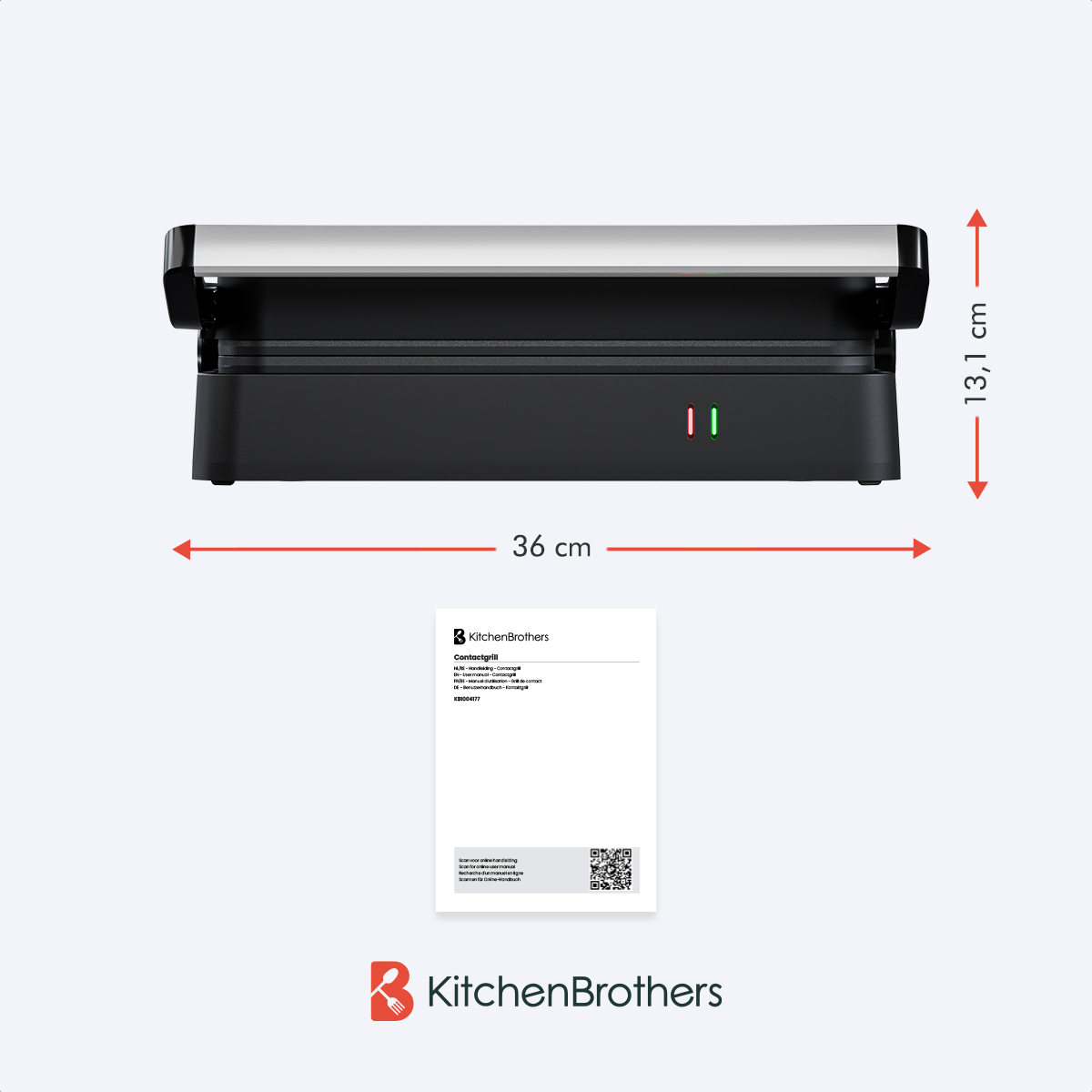 Black grill with silver top. Dimensions: 36cm wide, 13.1cm high. Includes a document and KitchenBrothers logo.