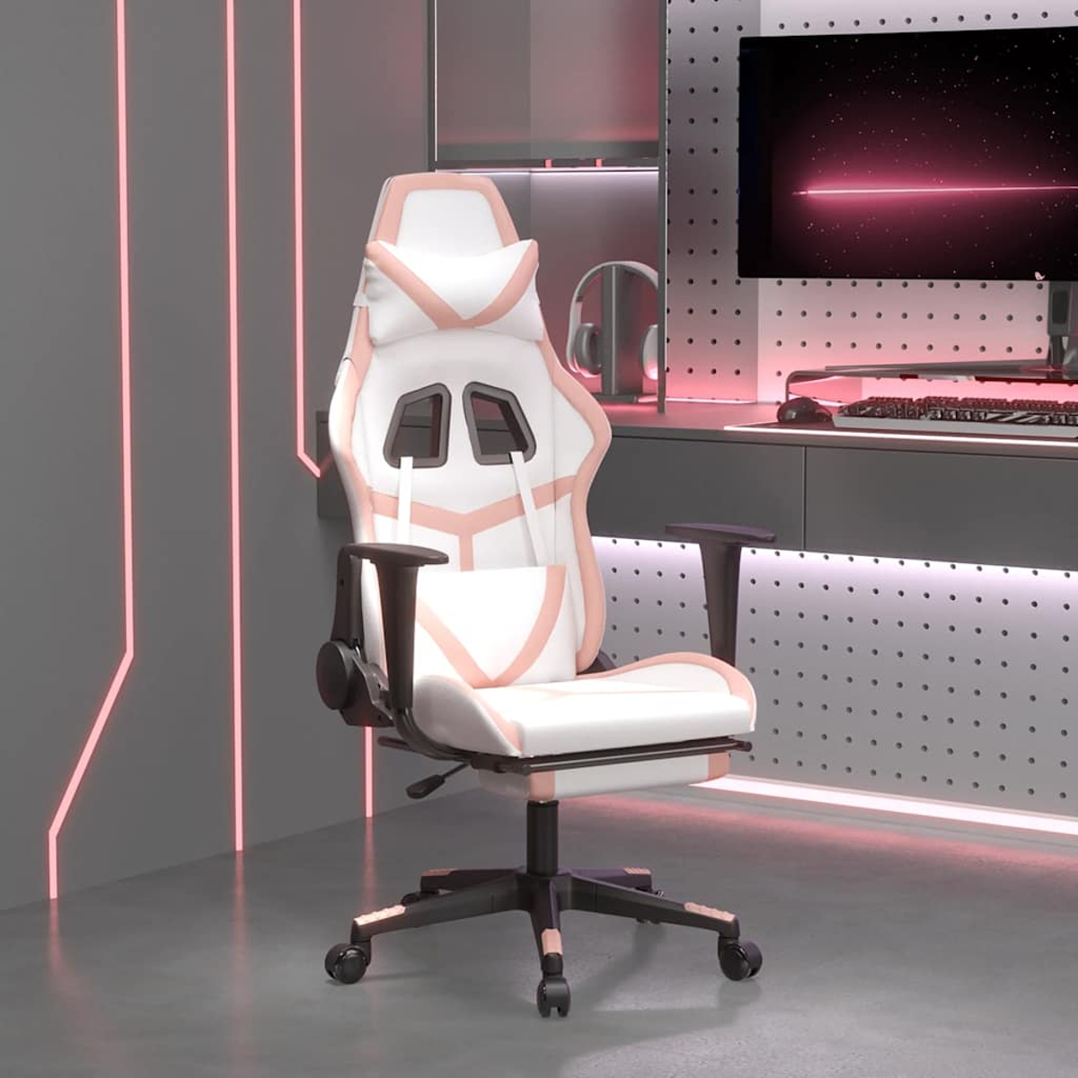 Gaming-Stuhl: Weiß und Rosa, in einem Raum mit Schreibtisch und Computer. Neonlichter an den Wänden.