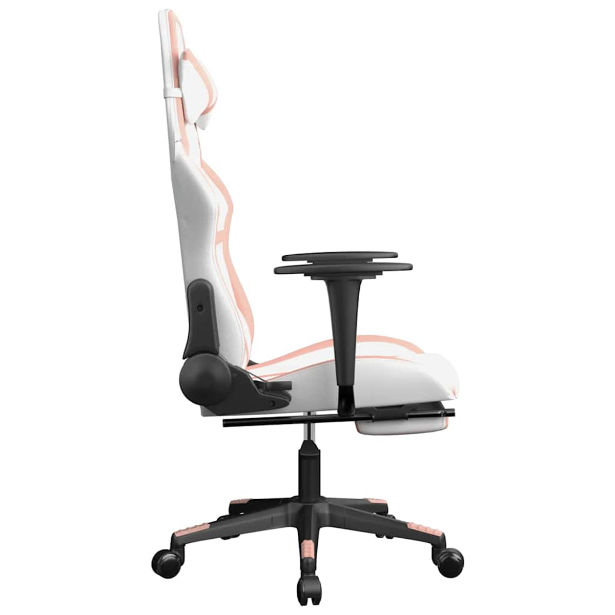 Ein weiß-rosa Gaming-Stuhl. Er hat Armlehnen, eine Kopfstütze und fünf schwarze Räder. Das Design ist modern und ergonomisch.