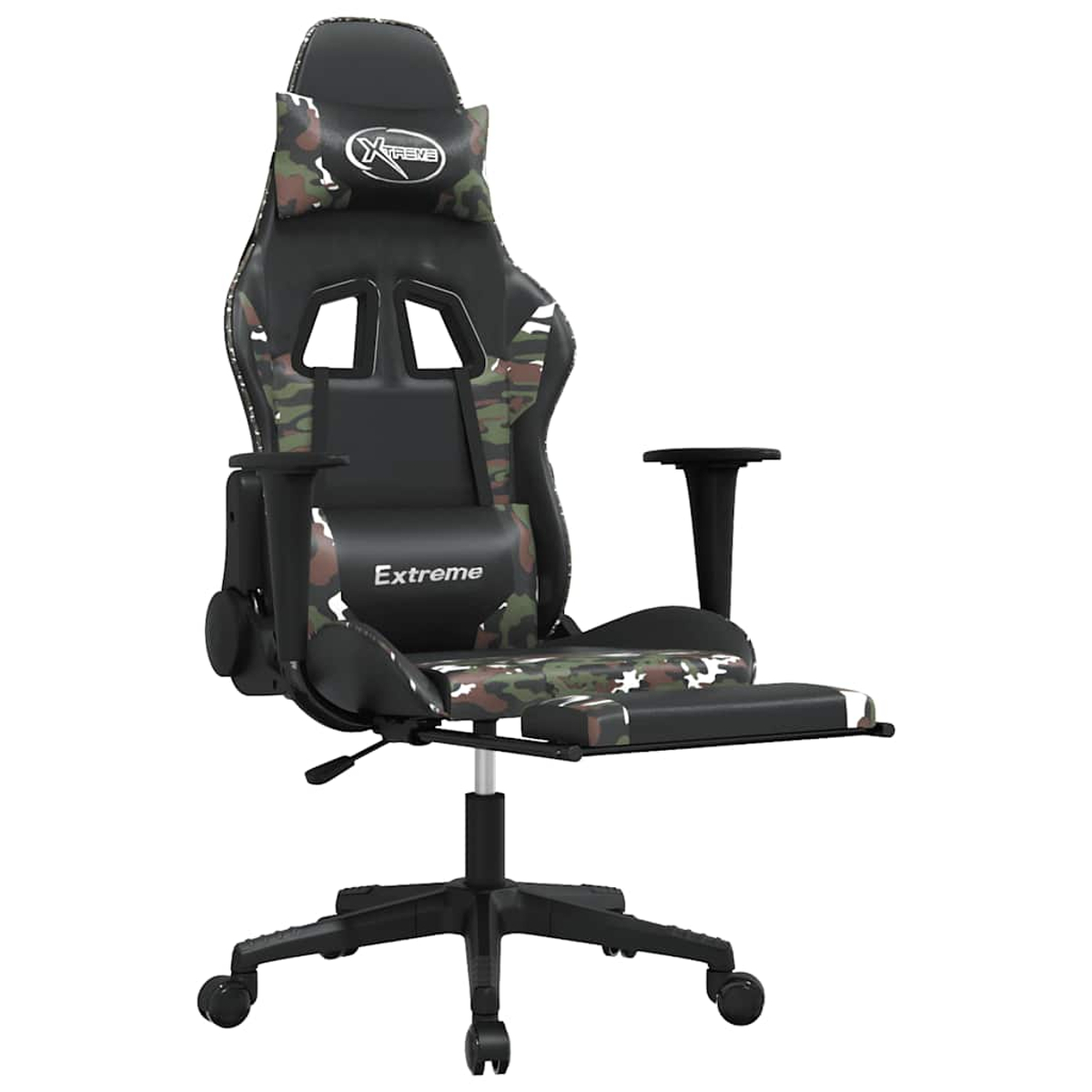 Ein schwarzer und tarnfarbener Gaming-Stuhl. Er hat Armlehnen, eine Kopfstütze mit Logo und eine Fußstütze. Der Stuhl steht auf weißem Hintergrund.