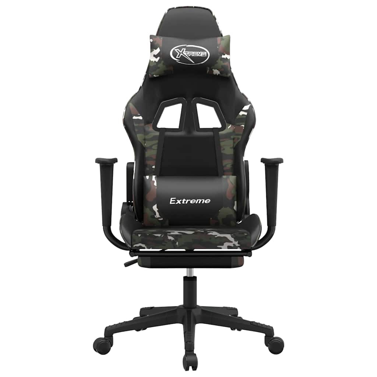 Ein schwarzer und tarnfarbener Gaming-Stuhl. Er hat Armlehnen, eine Kopfstütze mit dem Wort "Xtreme" und das Wort "Extreme" auf der Rückenlehne.