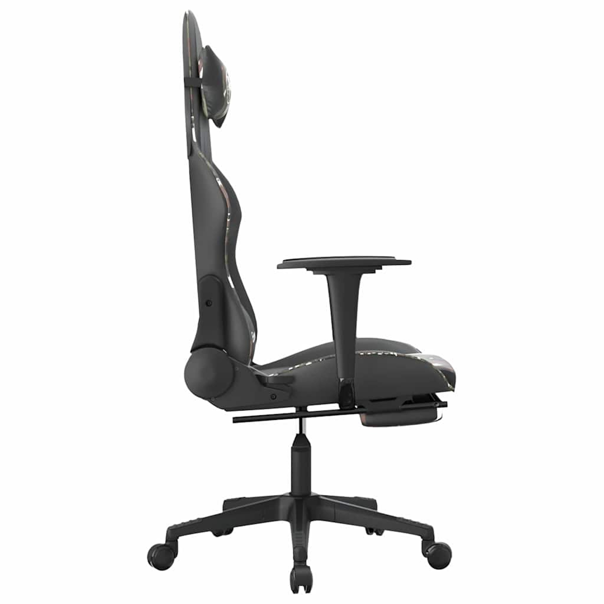 Seitenansicht eines schwarzen ergonomischen Gaming-Stuhls. Er hat eine Kopfstütze, Armlehnen und ein Fünf-Sterne-Gestell mit Rollen.