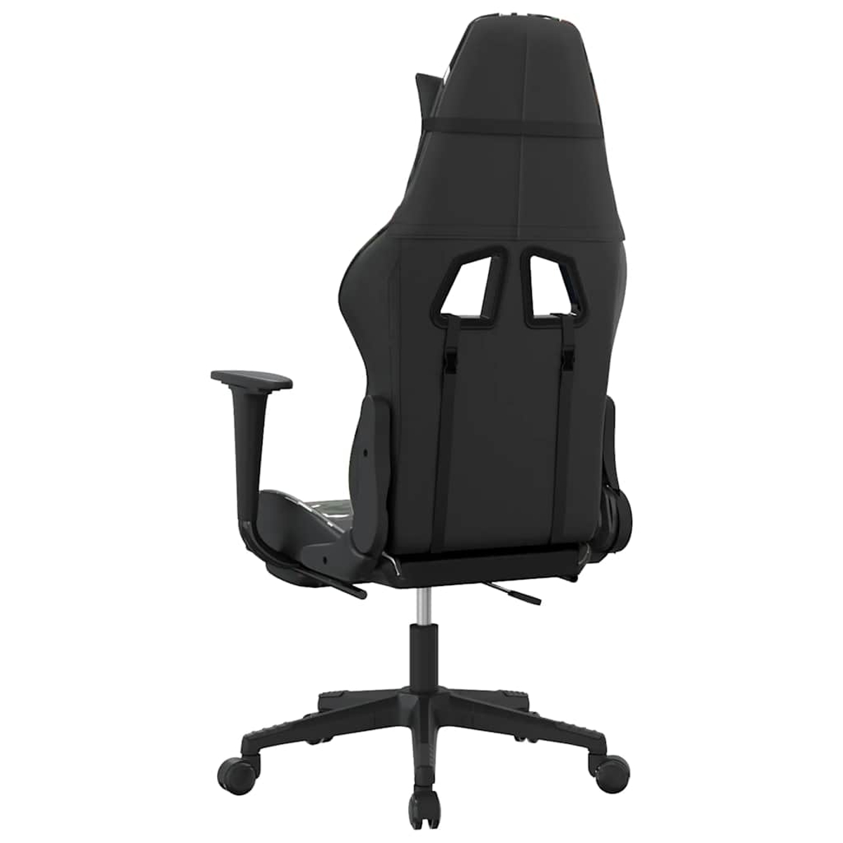 Schwarzer Gaming-Stuhl, Rückansicht. Mit hoher Rückenlehne, Armlehnen und einem Fünf-Punkt-Fuß mit Rollen, vor weißem Hintergrund.