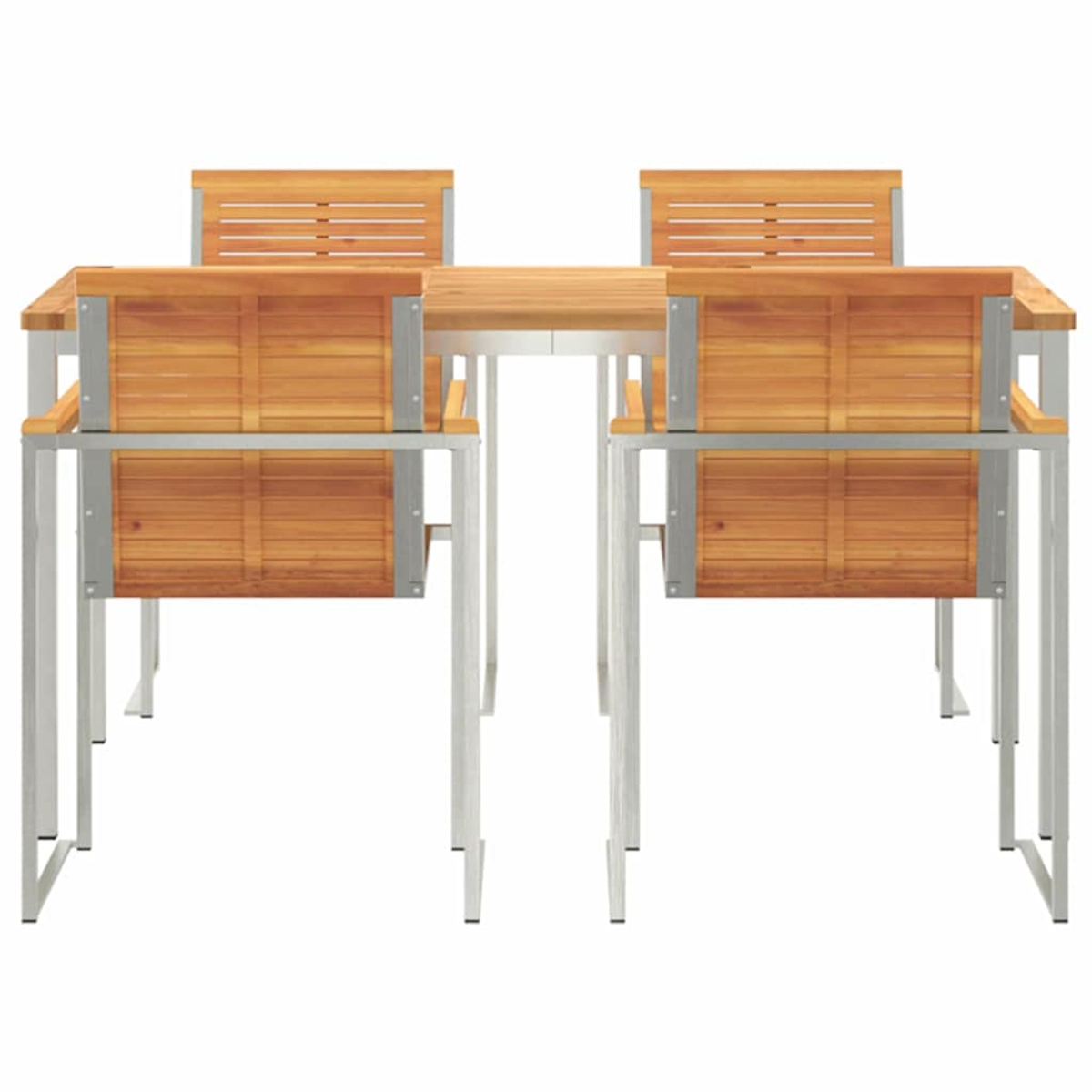 Ein Holztisch mit vier Stühlen. Tisch und Stühle haben Metallbeine und Sitzflächen sowie Rückenlehnen aus Holz. Der Hintergrund ist weiß.