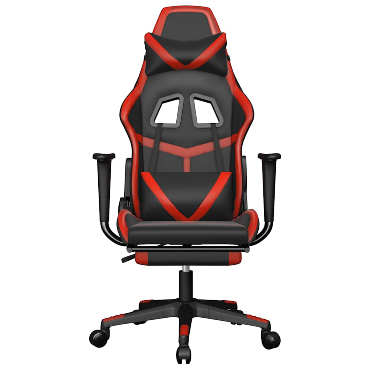 Ein schwarzer und roter Gaming-Stuhl ist zentriert. Er hat eine hohe Rückenlehne, Armlehnen, eine Kopfstütze und ein Gestell mit Rädern.