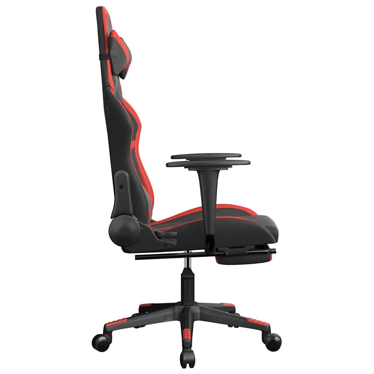 Seitenansicht eines schwarz-roten Gaming-Stuhls. Er hat eine Kopfstütze, Armlehnen und eine Basis mit Rädern. Der Stuhl steht auf weißem Hintergrund.