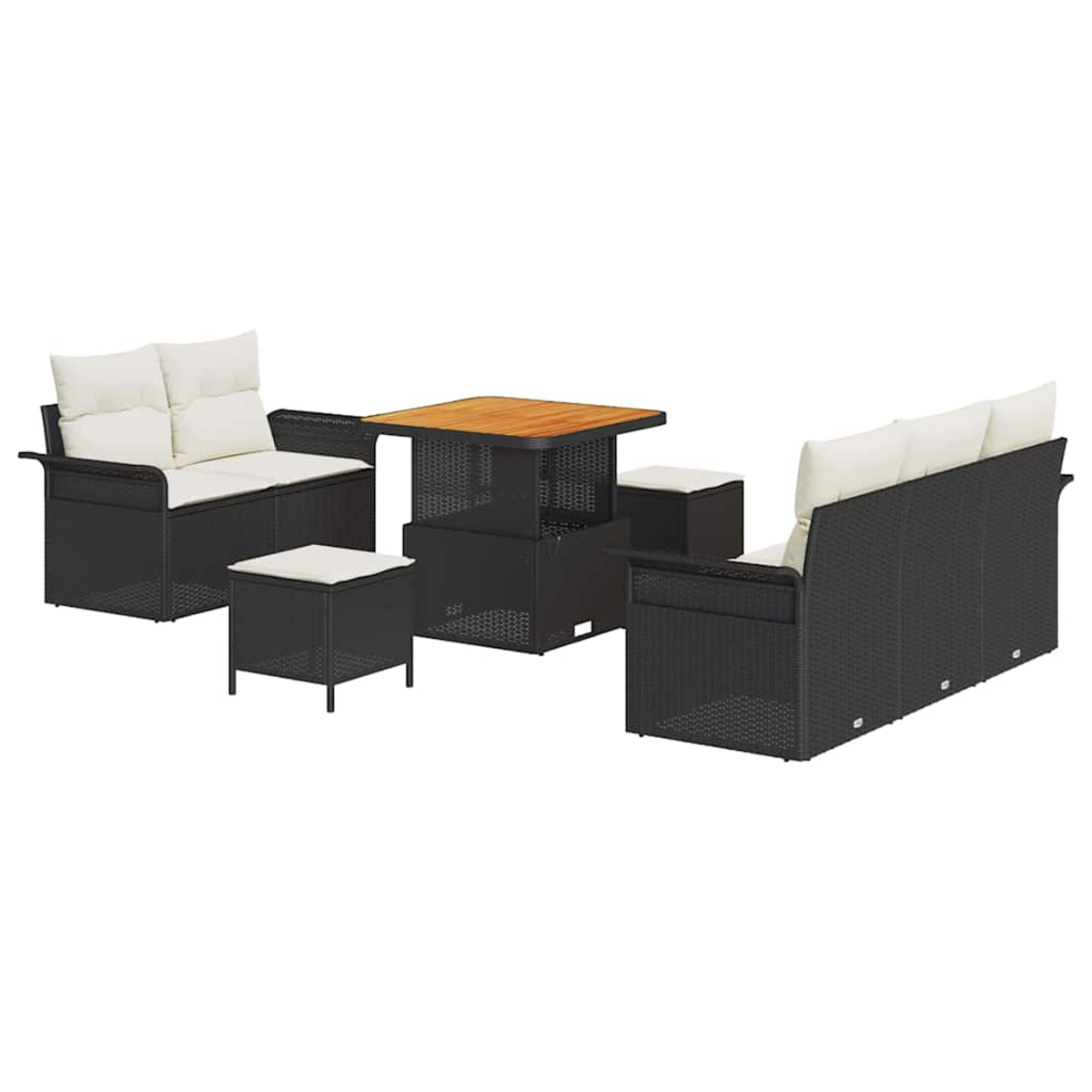 Ein schwarzes Gartenmöbel-Set mit cremefarbenen Kissen. Enthält einen Tisch, zwei Sofas und zwei Ottomane, alles auf weißem Grund.