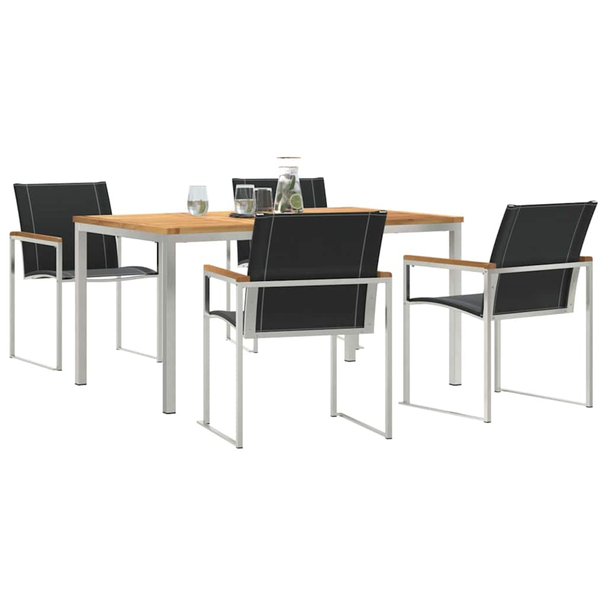 Una mesa de madera con cuatro sillas. Las sillas tienen asientos negros y marcos plateados. Hay vasos y una jarra de agua sobre la mesa.