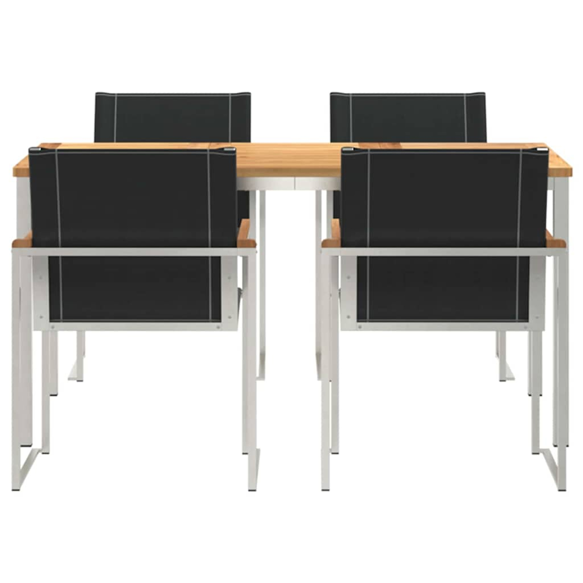 Cuatro sillas con asientos de tela negra y apoyabrazos de madera alrededor de una mesa de madera clara con patas de metal blanco. Aislado en blanco.