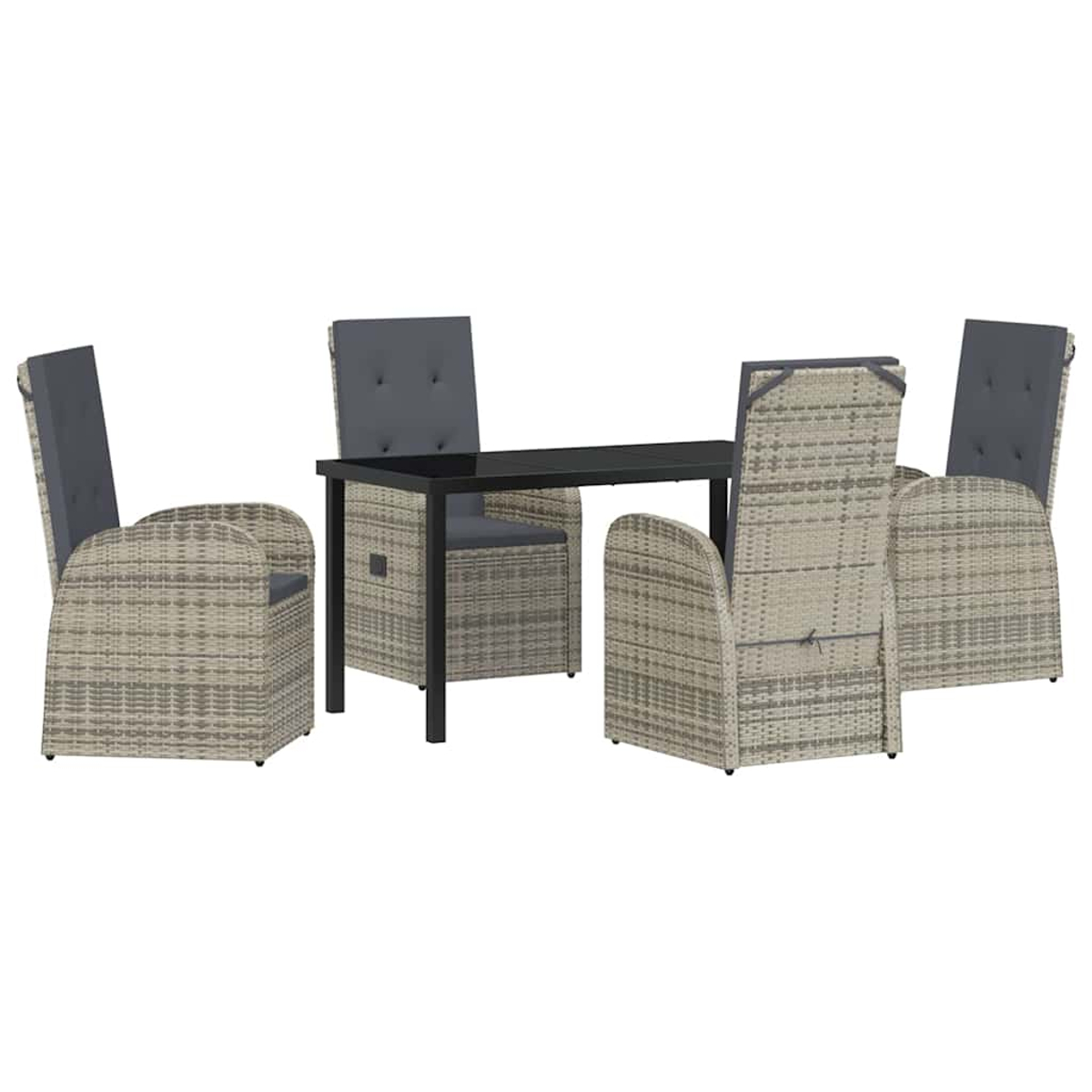 Un set da patio, tra cui un tavolo rettangolare nero e quattro sedie in vimini con cuscini grigi, su sfondo bianco.