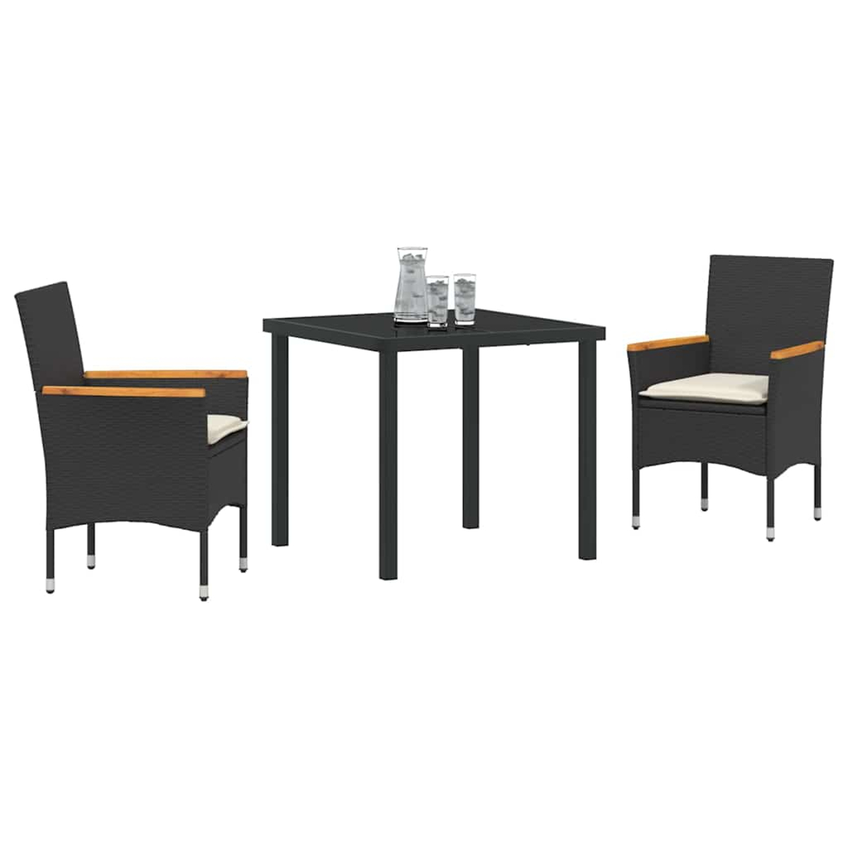 Ein schwarzes Ess-Set für den Außenbereich: quadratischer Tisch, zwei Stühle und ein Krug mit zwei Gläsern, alle isoliert auf Weiß.