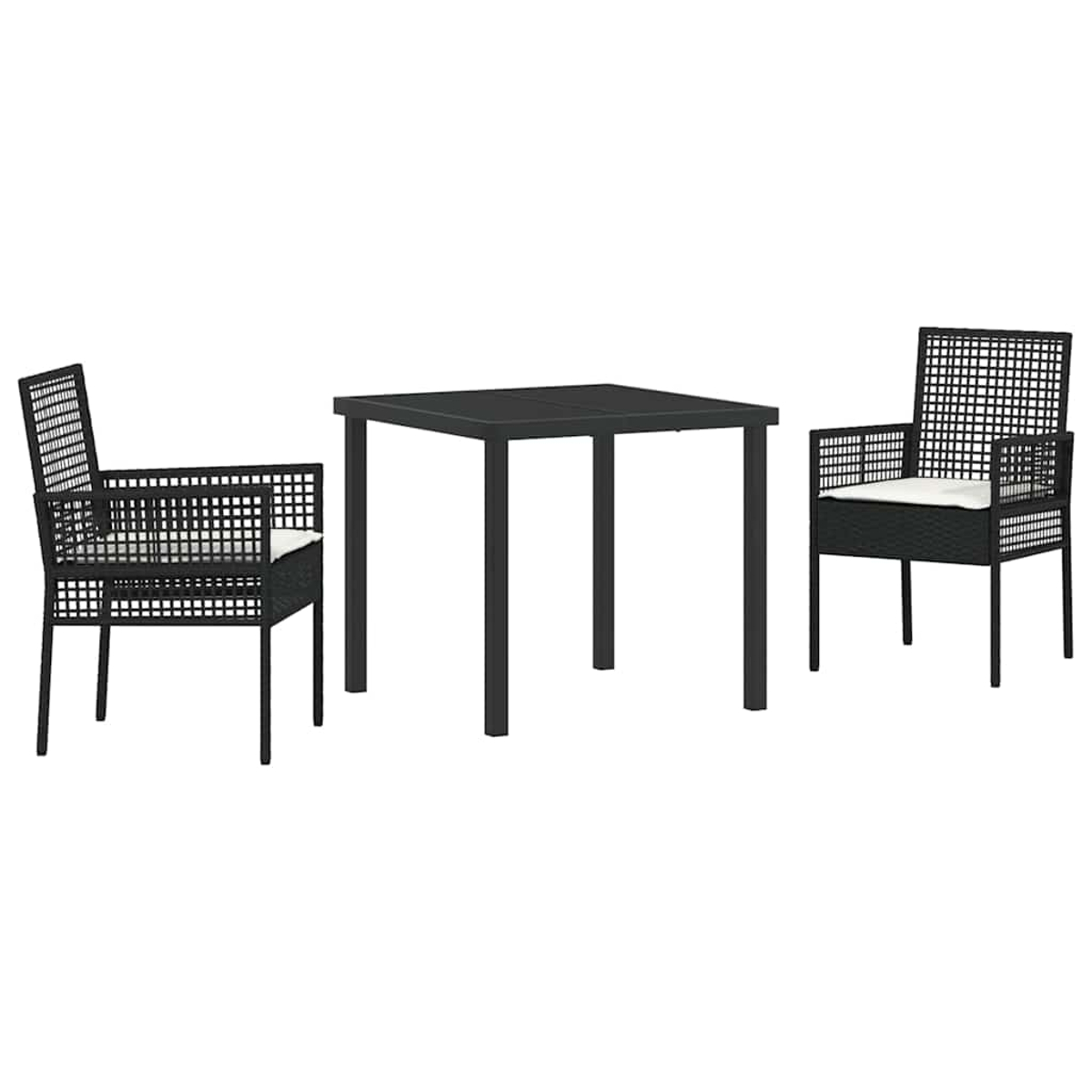Un tavolo quadrato nero e due sedie nere con cuscini bianchi su sfondo bianco. Le sedie hanno un design a griglia.