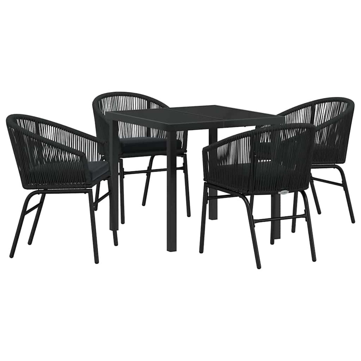 Ein schwarzes Ess-Set für den Außenbereich. Es hat einen quadratischen Tisch und vier Stühle mit gewebten Rückenlehnen und schwarzen Kissen, alles vor weißem Hintergrund.