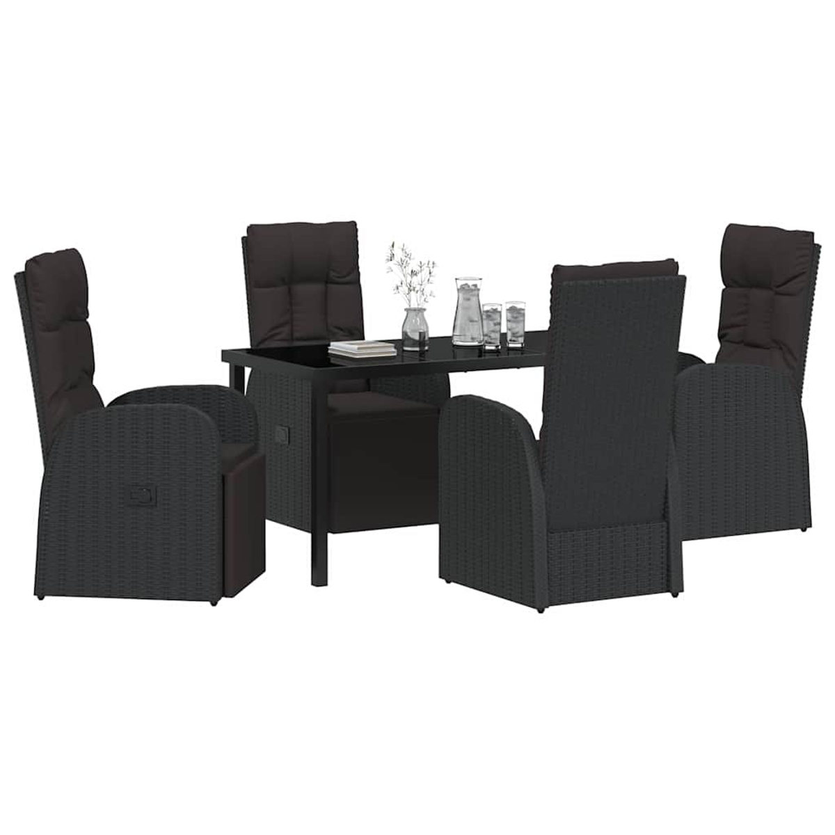 Ein schwarzes Esszimmer-Set für den Außenbereich mit Tisch, vier Stühlen, Blumen und Gläsern auf weißem Hintergrund.
