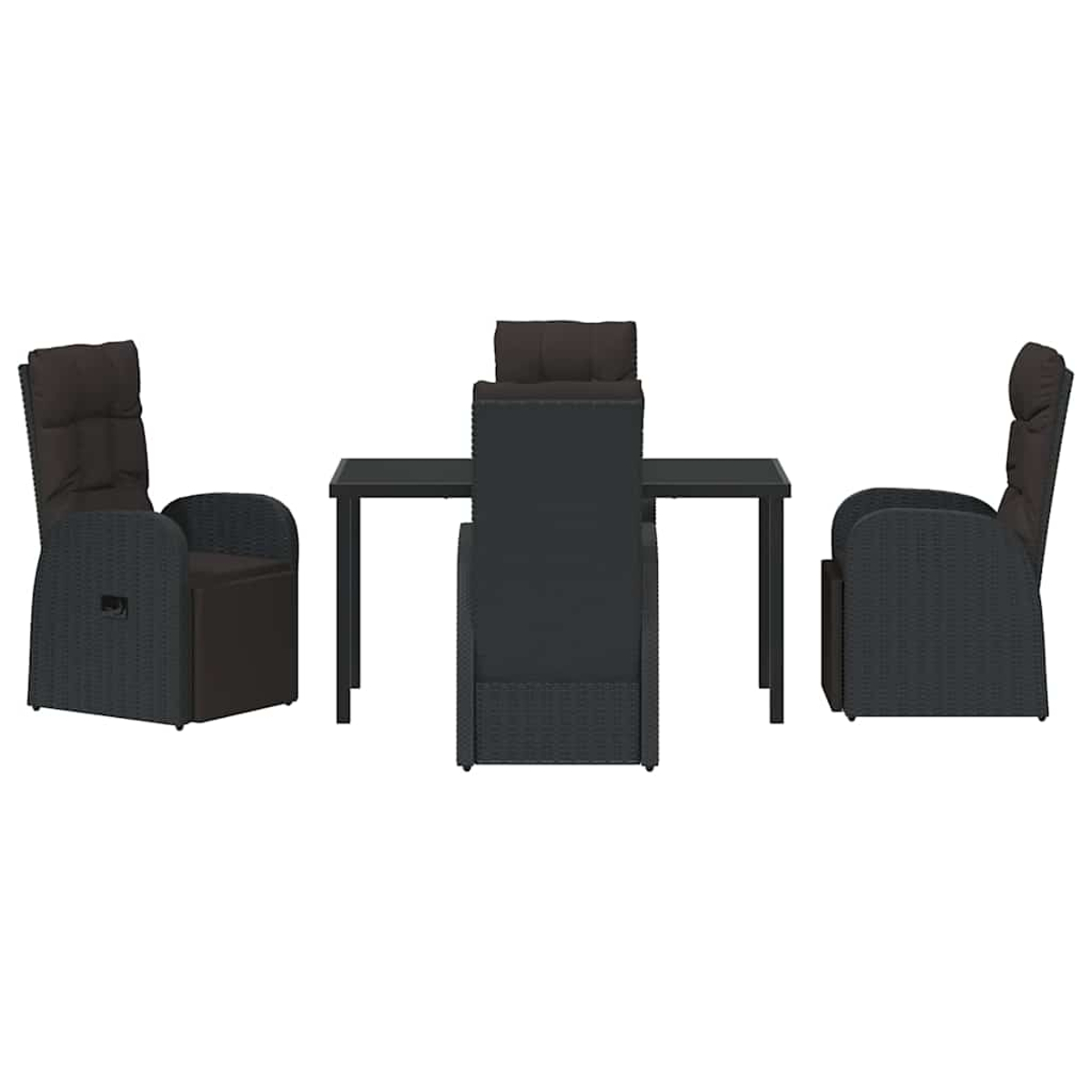 Ein schwarzes Ess-Set für den Außenbereich mit Tisch und Stühlen. Zwei Liegestühle befinden sich an den Seiten, ein Stuhl steht hinter dem Tisch.