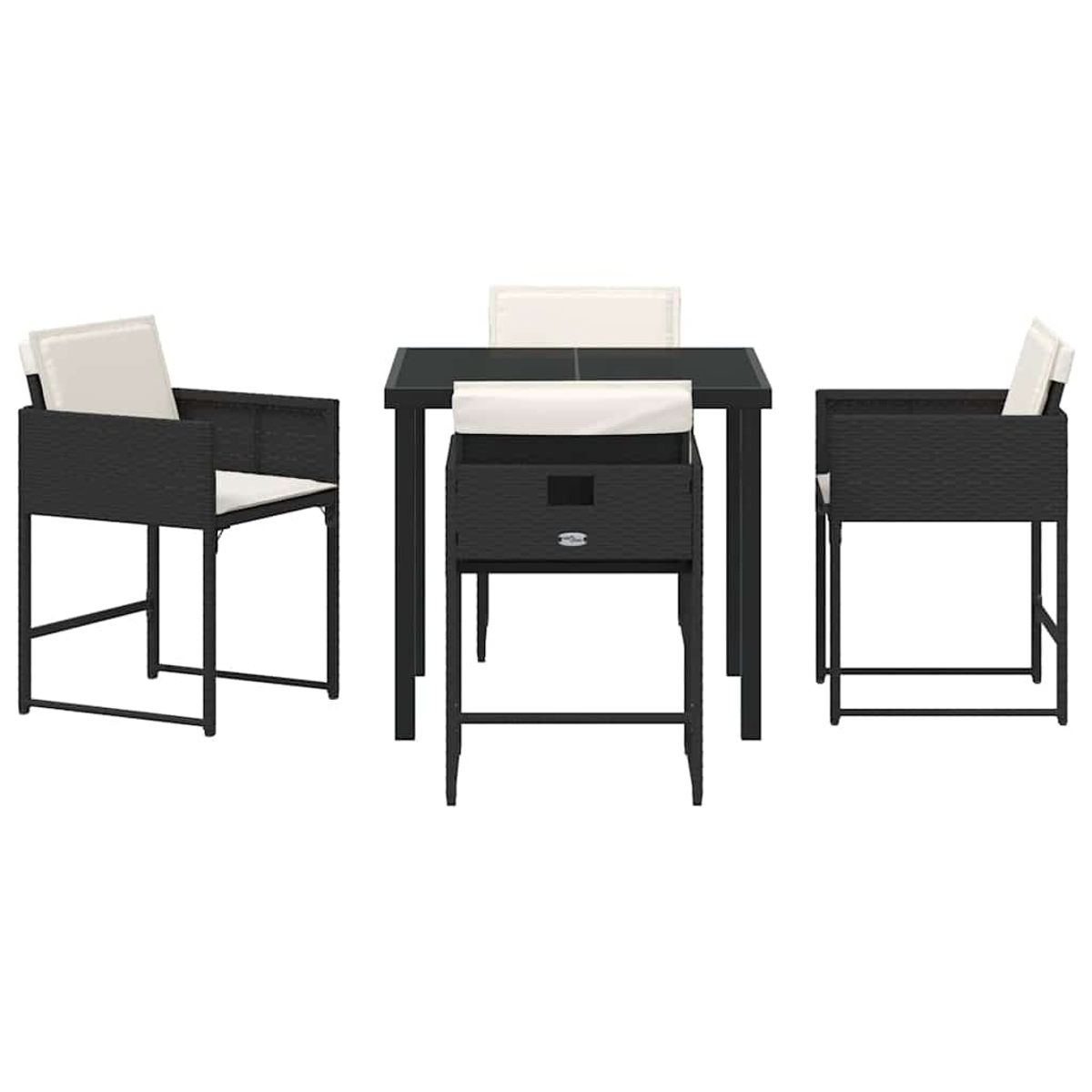Ein schwarzes Ess-Set für den Außenbereich. Es besteht aus einem quadratischen Tisch, drei Stühlen und einem Hocker, alle mit weißen Kissen.