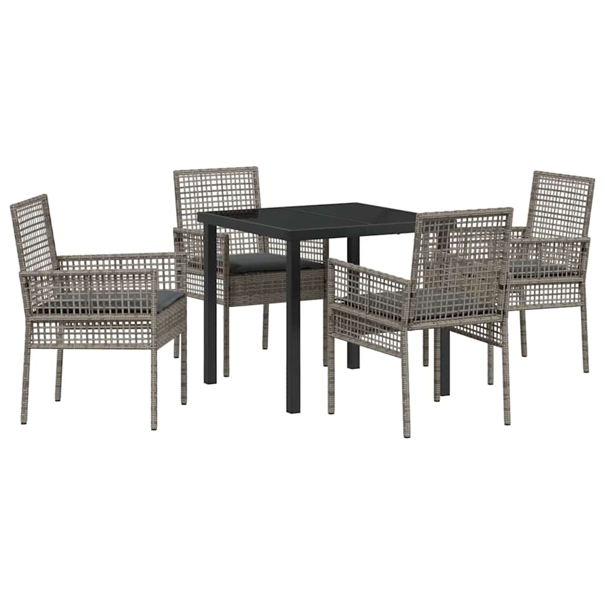 Set da pranzo all'aperto con tavolo quadrato nero e quattro sedie in vimini grigie con cuscini grigi, su sfondo bianco.