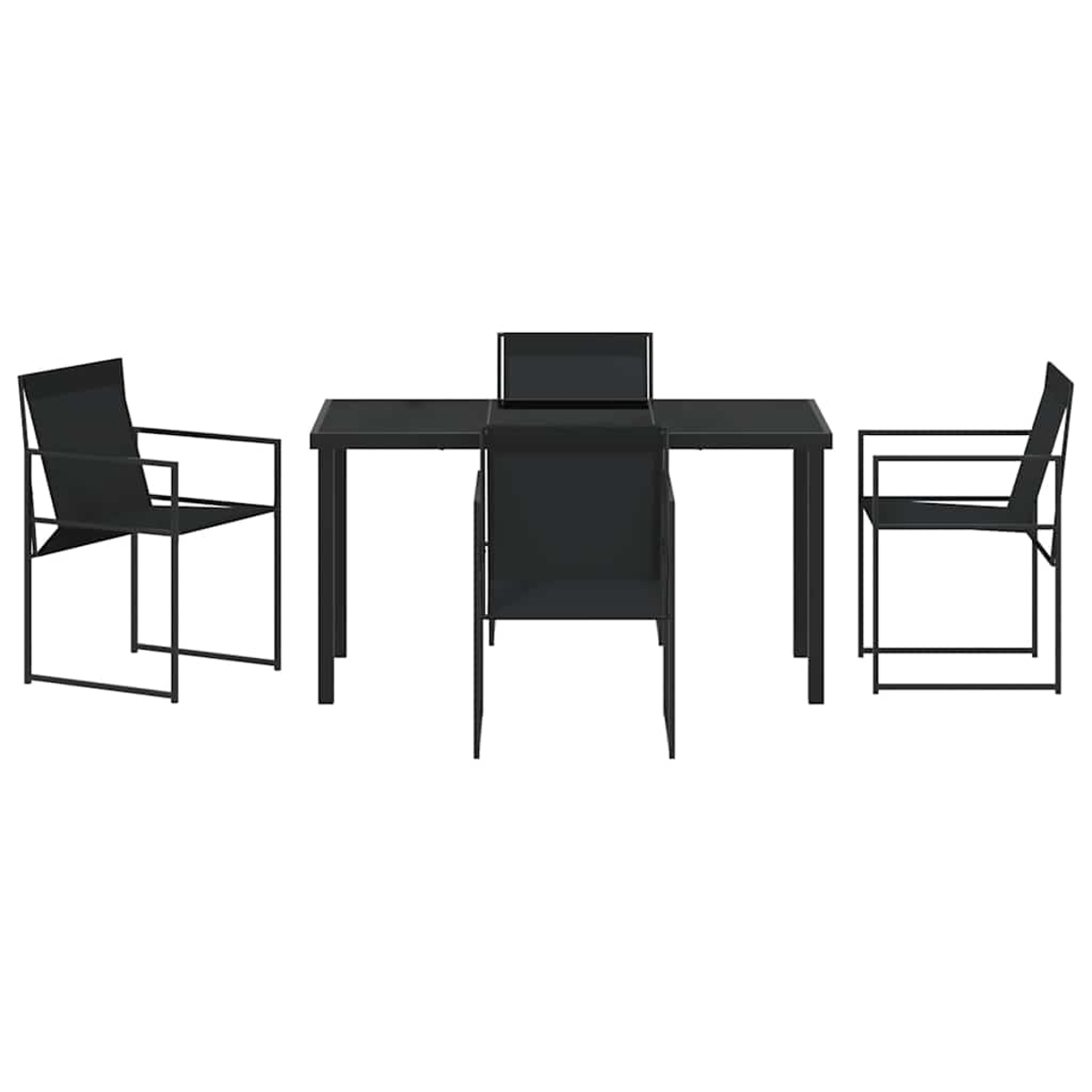 Ein schwarzes Esszimmer-Set für den Außenbereich mit einem rechteckigen Tisch und vier Stühlen, alles in modernem, minimalistischem Design.