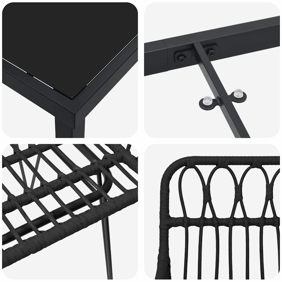 Nahaufnahmen von Details von Gartenmöbeln. Eine schwarze Tischplatte, Metallrahmen, gewebte Stuhlbasis und Stuhllehne.