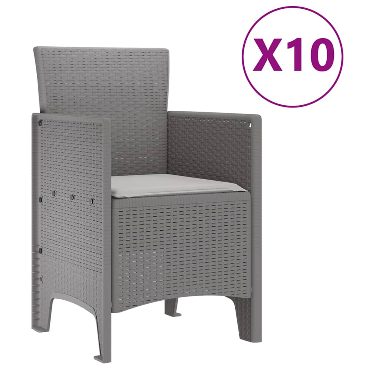 Ein grauer Korbstuhl mit weißem Kissen wird gezeigt. Ein lila Kreis mit "X10" im Hintergrund zeigt die Menge an.
