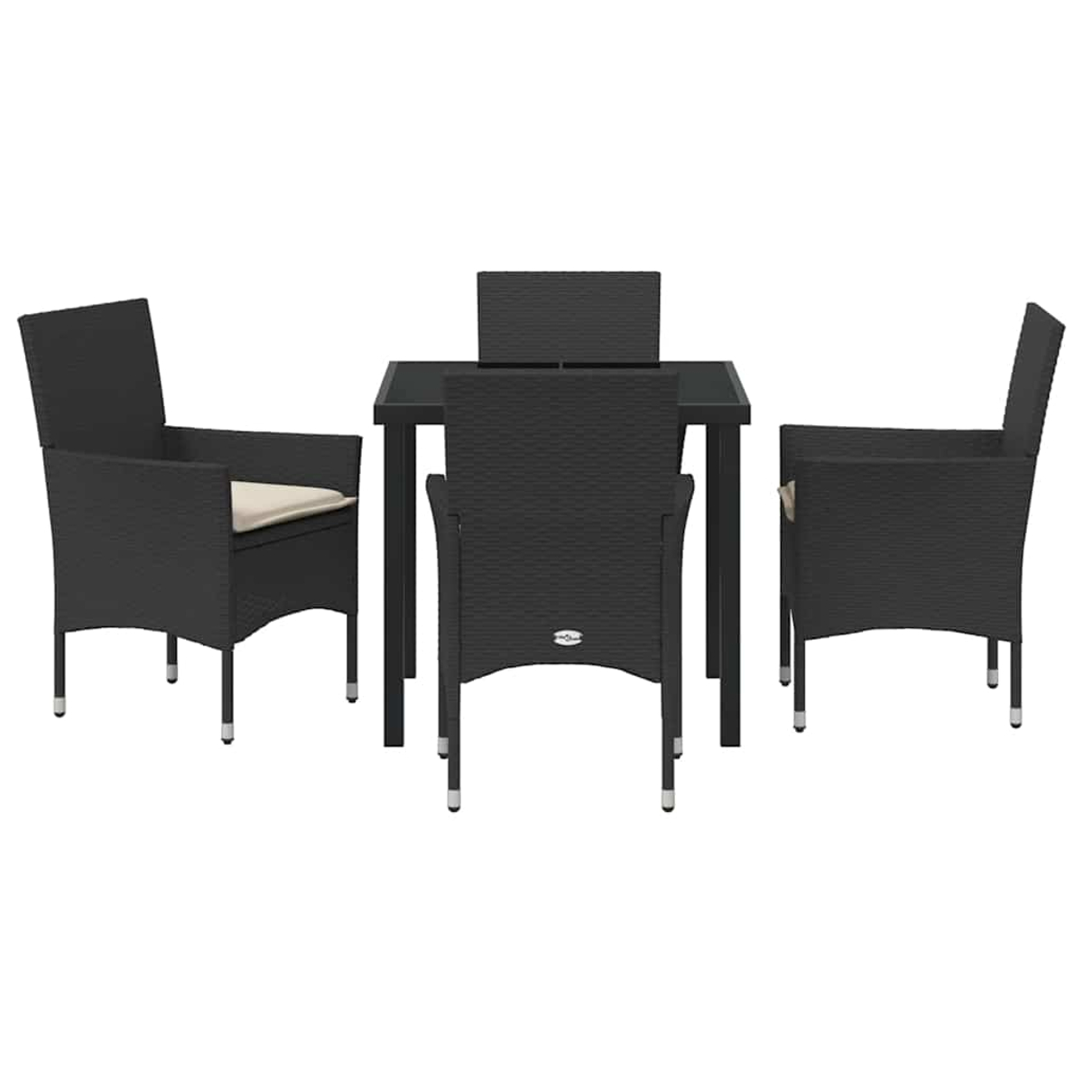 Ein schwarzes Ess-Set für den Außenbereich. Es umfasst einen quadratischen Tisch mit vier schwarzen Stühlen. Die Stühle haben cremefarbene Kissen.