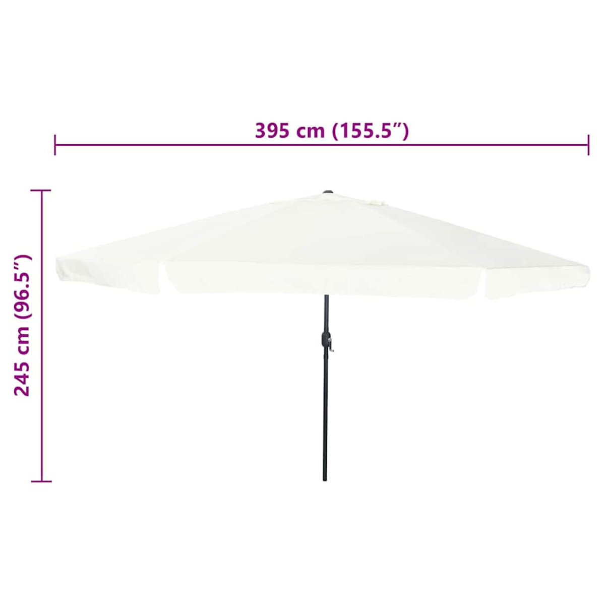 Un ombrellone rettangolare bianco è aperto. Un palo nero lo sostiene. Dimensioni: 395 cm (155,5") di larghezza e 245 cm (96,5") di altezza.