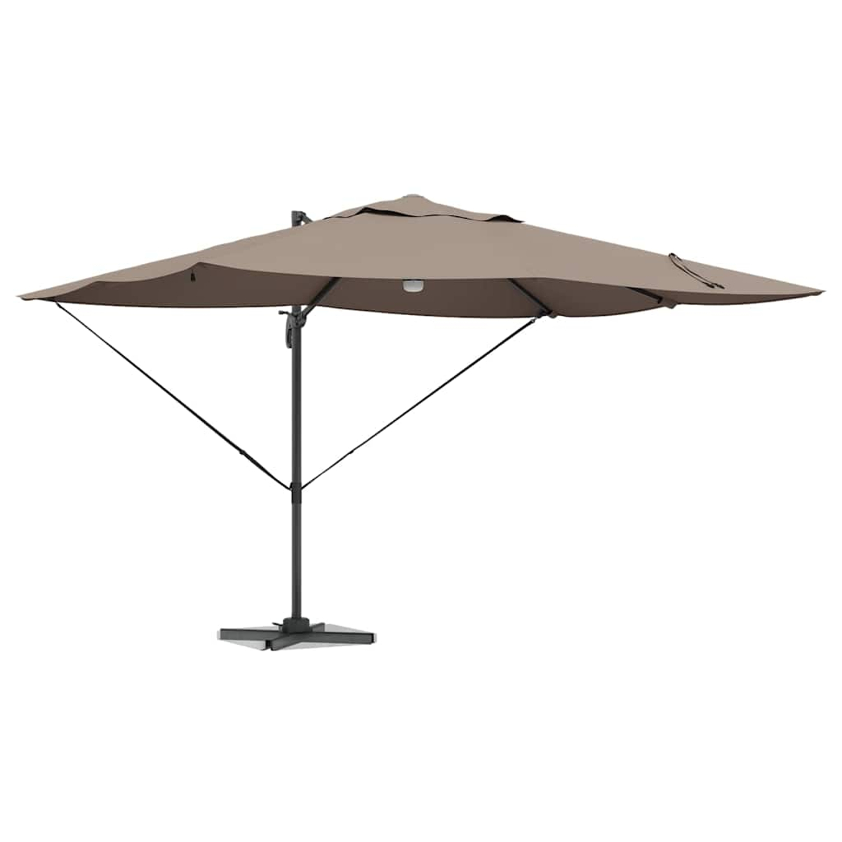 Un ombrellone a sbalzo marrone, sostenuto da un palo e una base neri. La tenda è aperta, con bracci di supporto estesi.