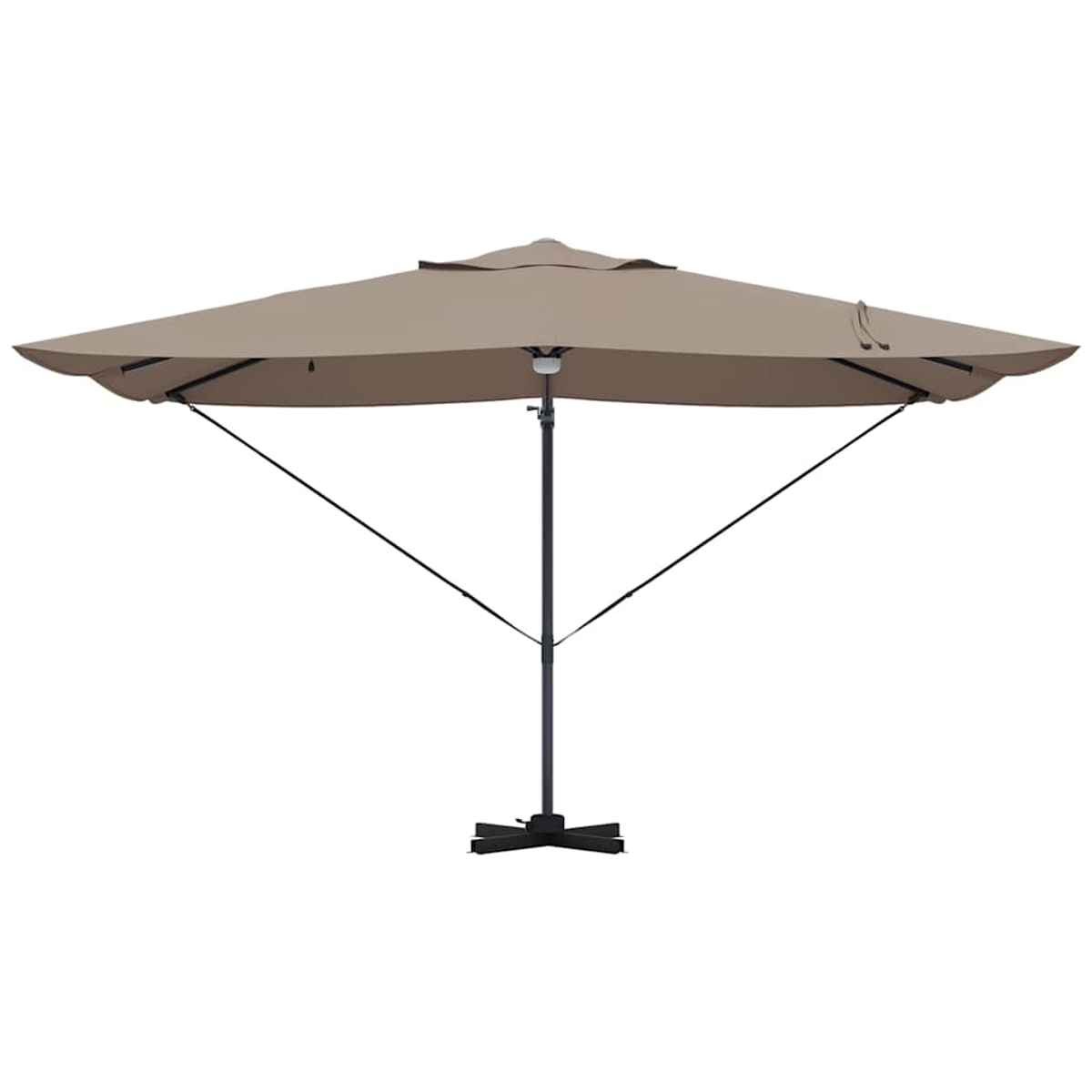Un ombrellone beige è aperto. Ha un palo nero e bracci di supporto. Anche la base è nera.