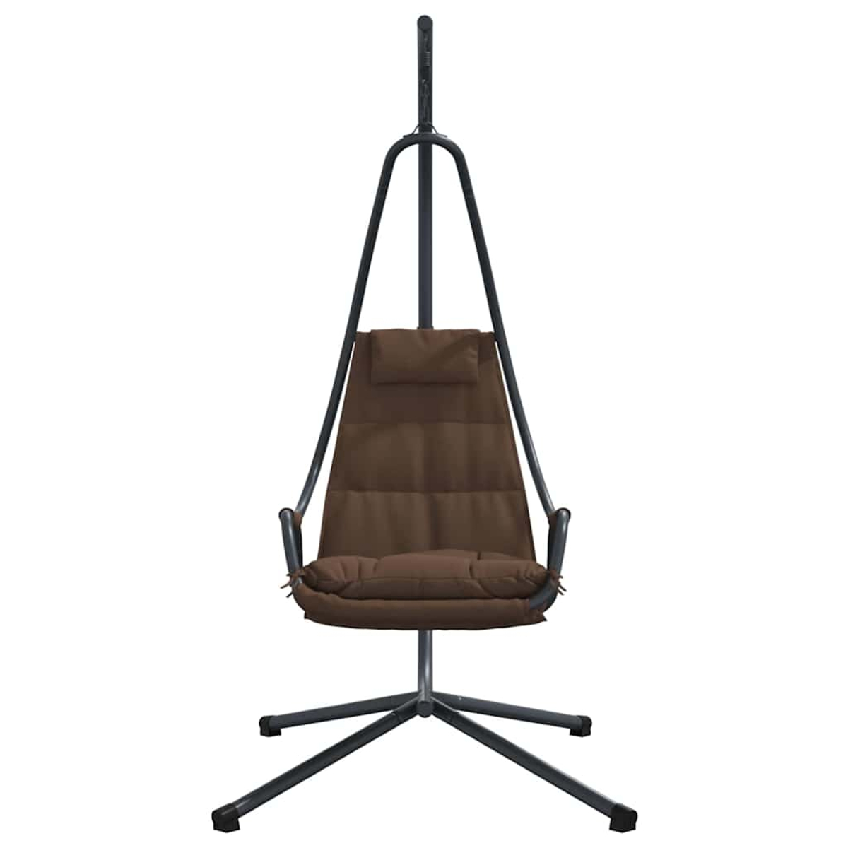 Ein brauner Hängesessel mit Metallgestell. Er hat eine Kopfstütze und Sitzkissen. Der Stuhl steht vor weißem Hintergrund.