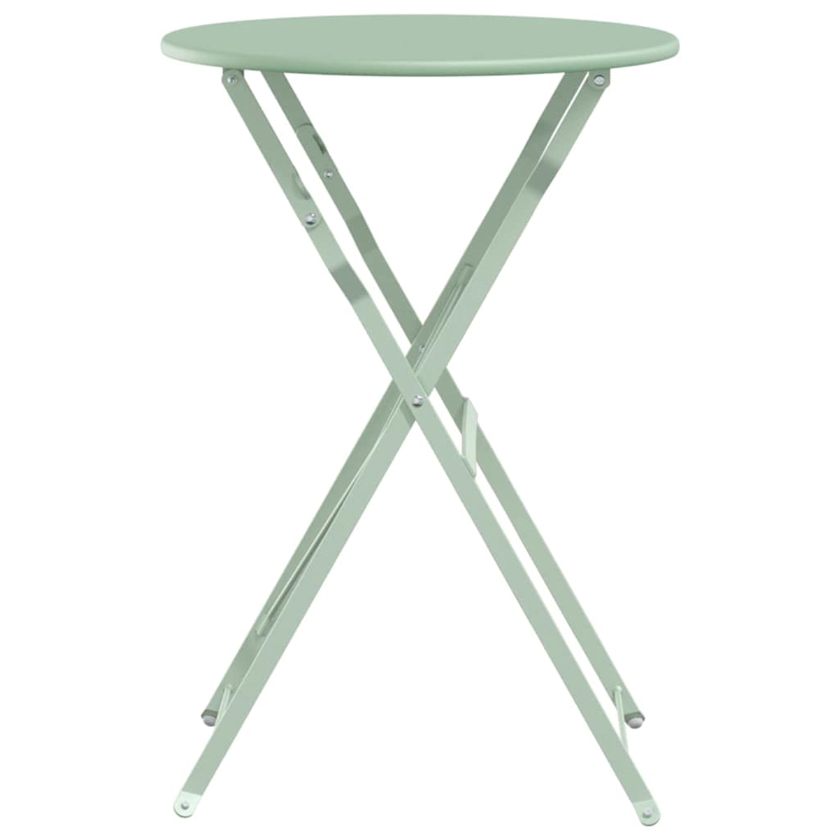 Ein hellgrüner, runder Bistrotisch. Er hat ein zusammenklappbares Metallgestell in X-Form. Die Tischplatte ist rund und die Beine sind gerade.