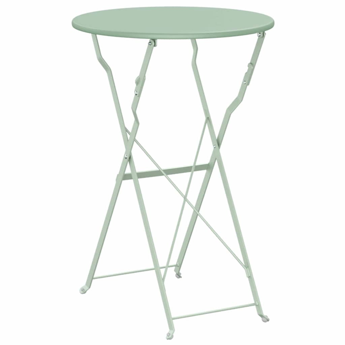 Ein hellgrüner, runder Klapptisch. Er hat eine kreisförmige Tischplatte und ein Metallgestell mit kreuzbeinigem Design.