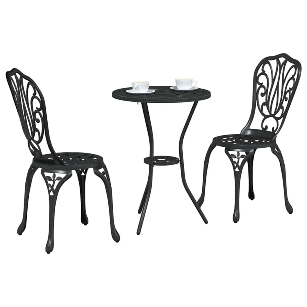 Un juego de patio de metal negro con dos sillas y una mesa redonda pequeña. Dos tazas blancas sobre la mesa. Fondo blanco.
