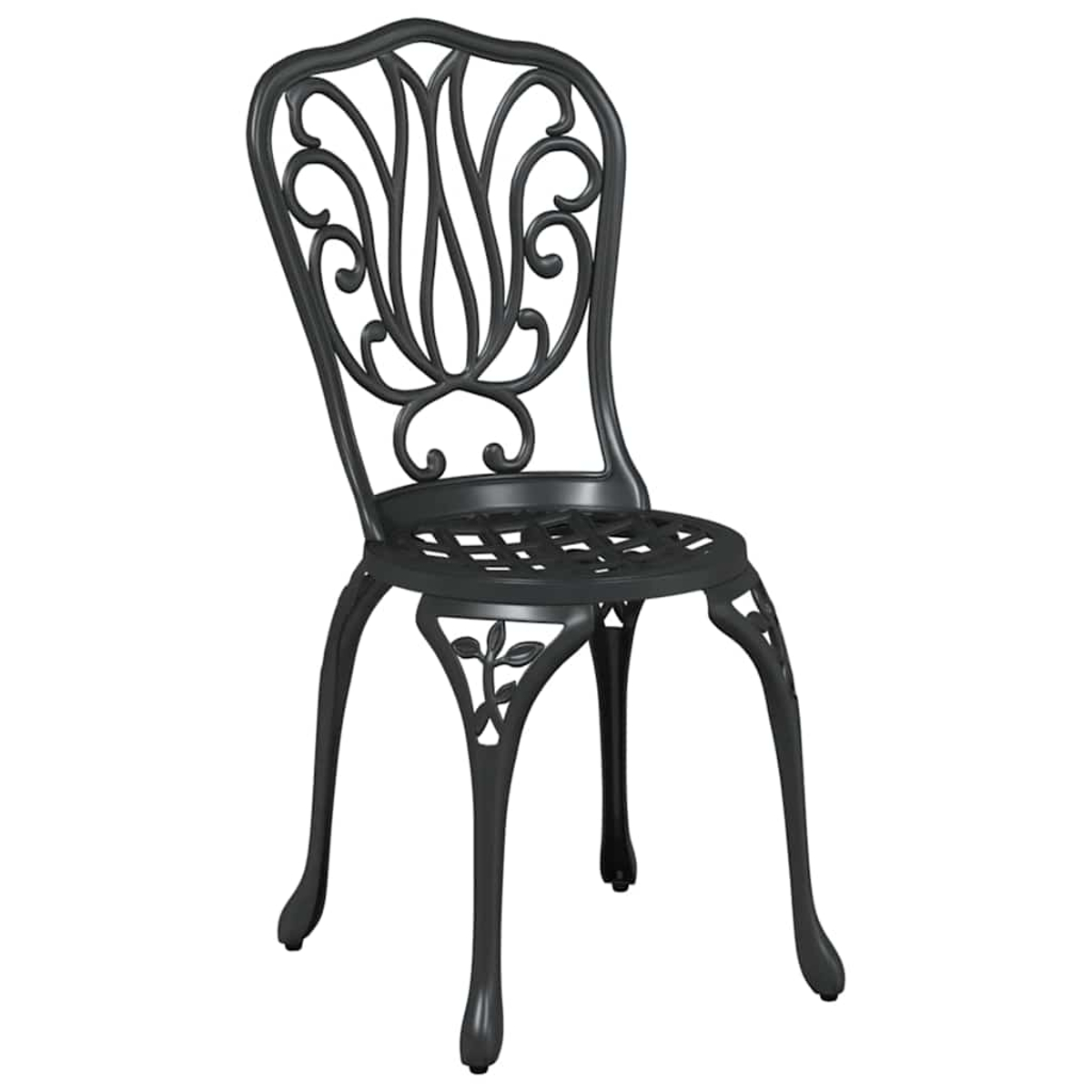 Una silla de metal negro adornada con respaldo y asiento decorativos, sobre un fondo blanco.